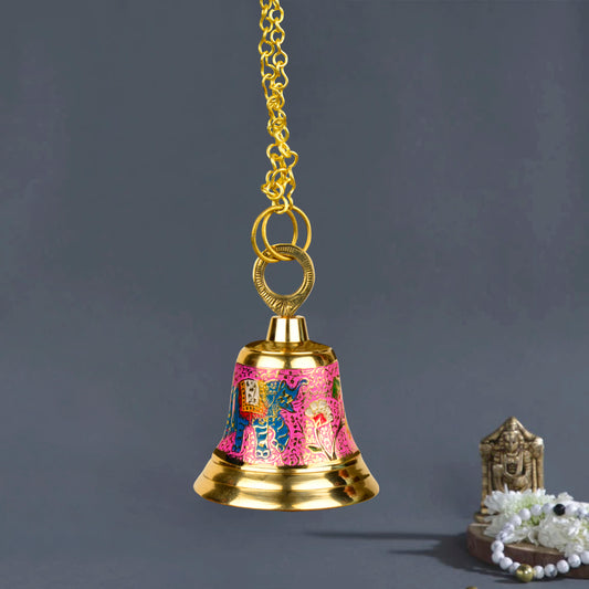 StyleMyway Pure Brass Hanging Temple Bell with Red Elephant Engraving (Diameter - 12 cm, Height – 16 cm, 710 gm)