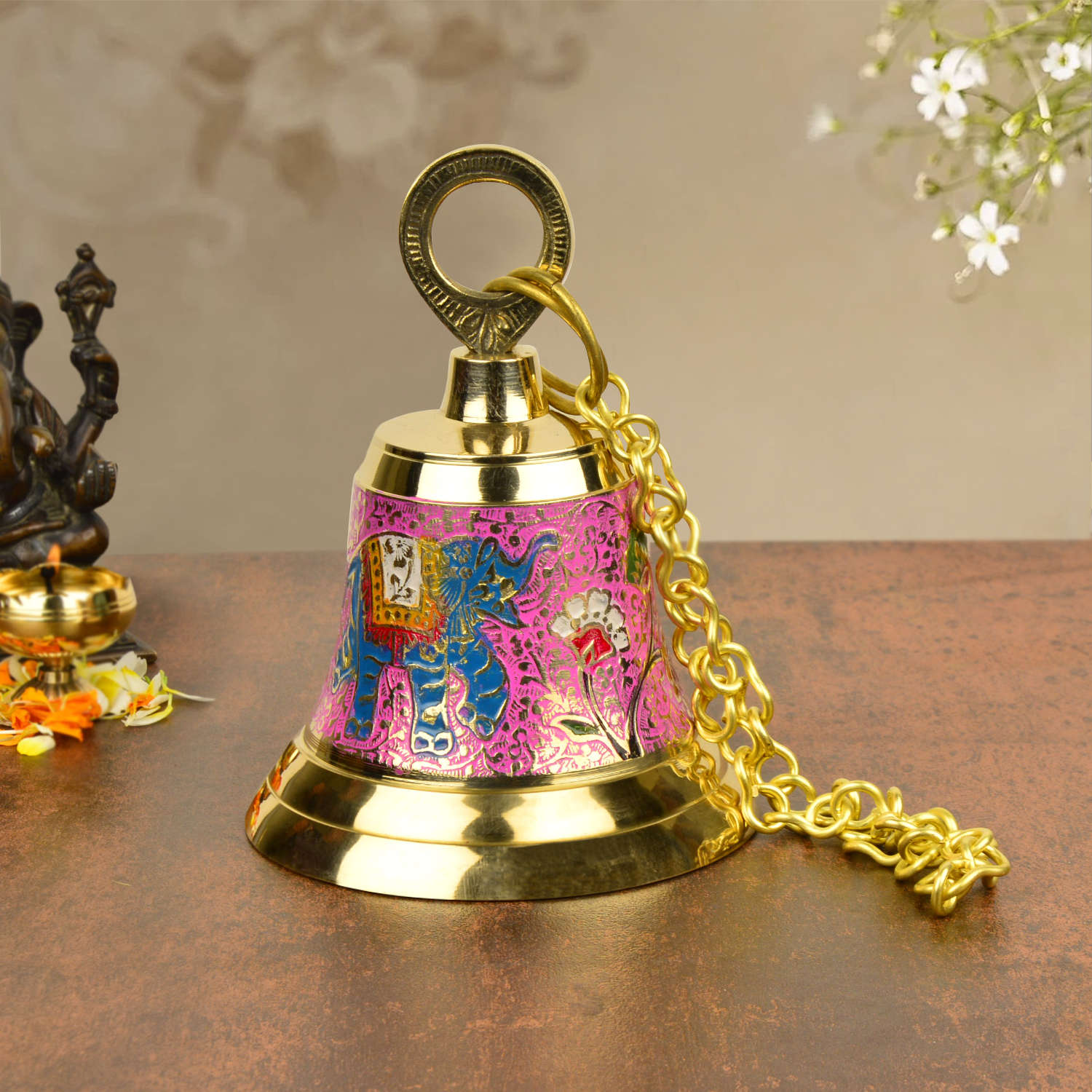 StyleMyway Pure Brass Hanging Temple Bell with Red Elephant Engraving (Diameter - 12 cm, Height – 16 cm, 710 gm) - View 3