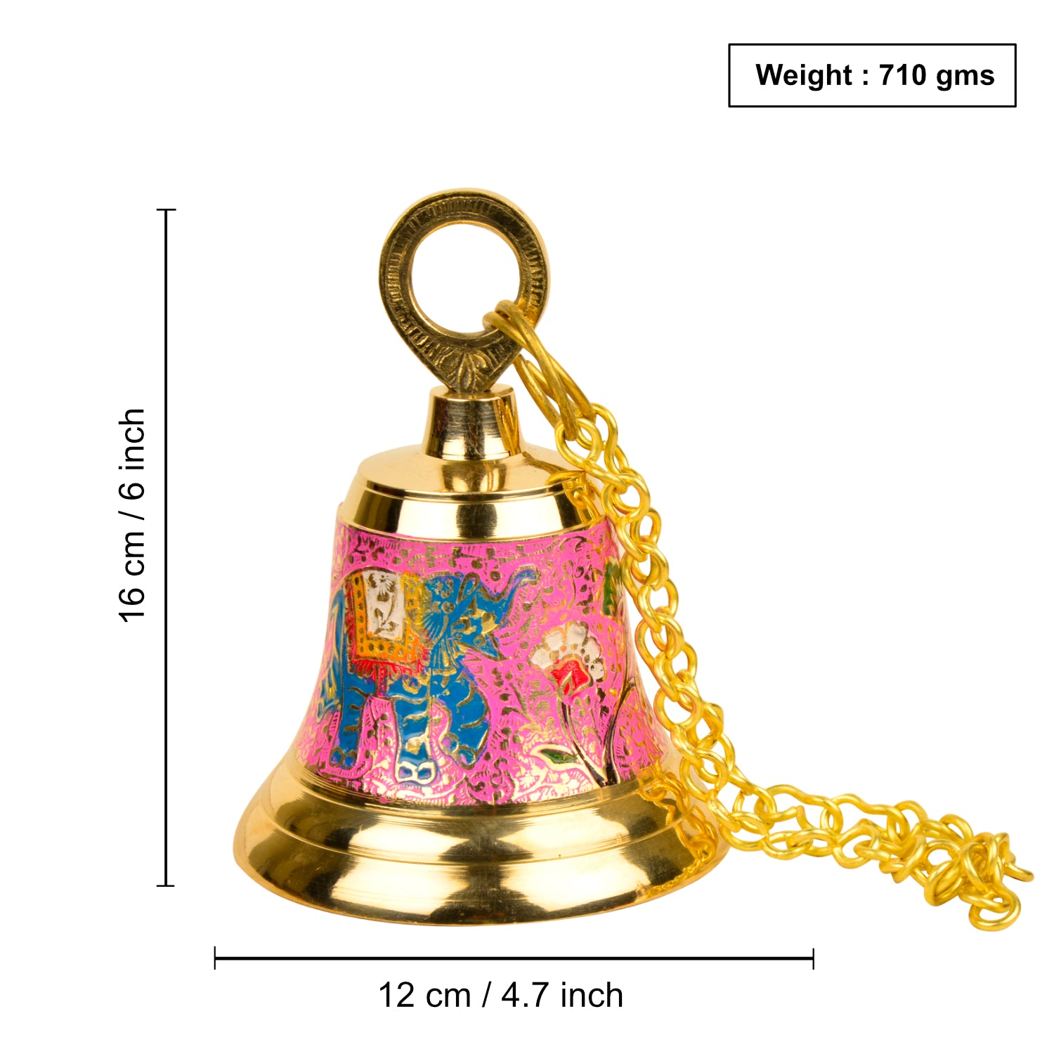 StyleMyway Pure Brass Hanging Temple Bell with Red Elephant Engraving (Diameter - 12 cm, Height – 16 cm, 710 gm) - View 2