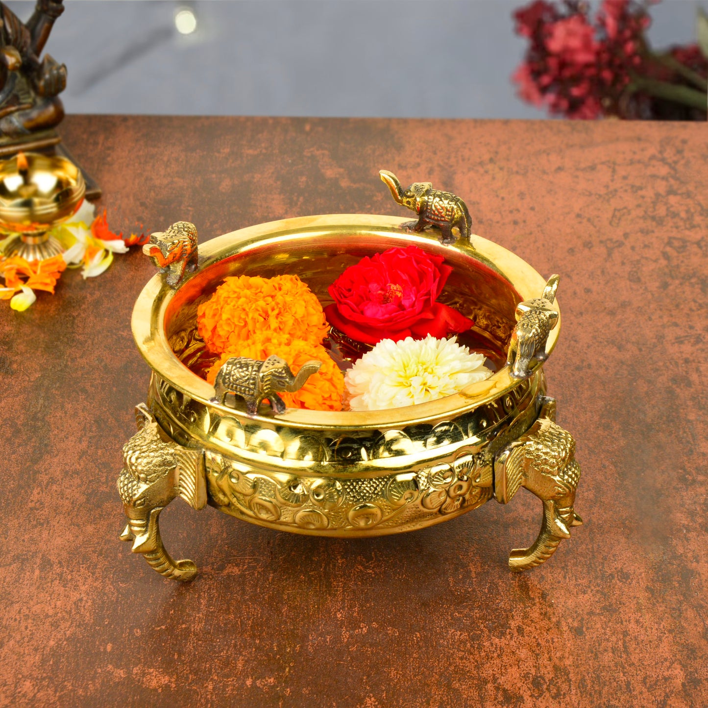 Handcrafted Elephant Design Decorative Brass Urli (Diameter – 15 cm, Weight – 575 gm)