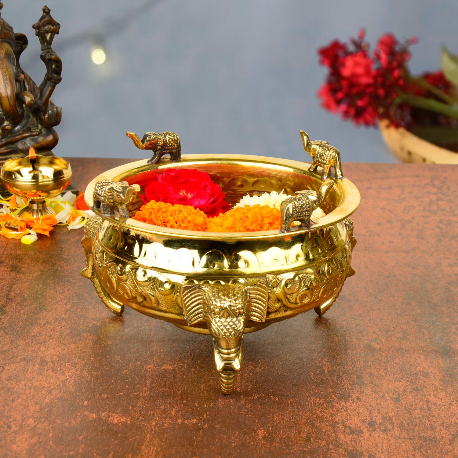 Handcrafted Elephant Design Decorative Brass Urli (Diameter – 15 cm, Weight – 575 gm) - View 3