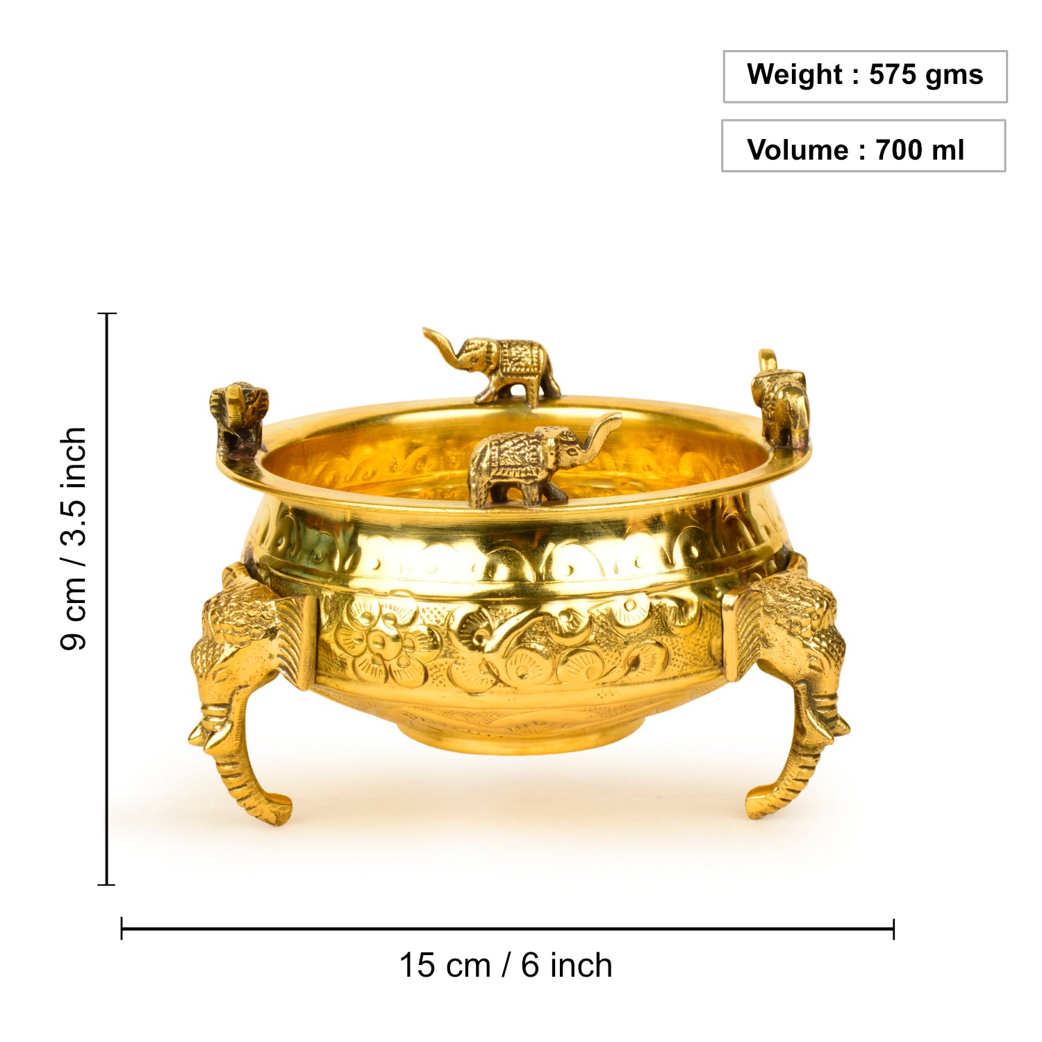 Handcrafted Elephant Design Decorative Brass Urli (Diameter – 15 cm, Weight – 575 gm) - View 2