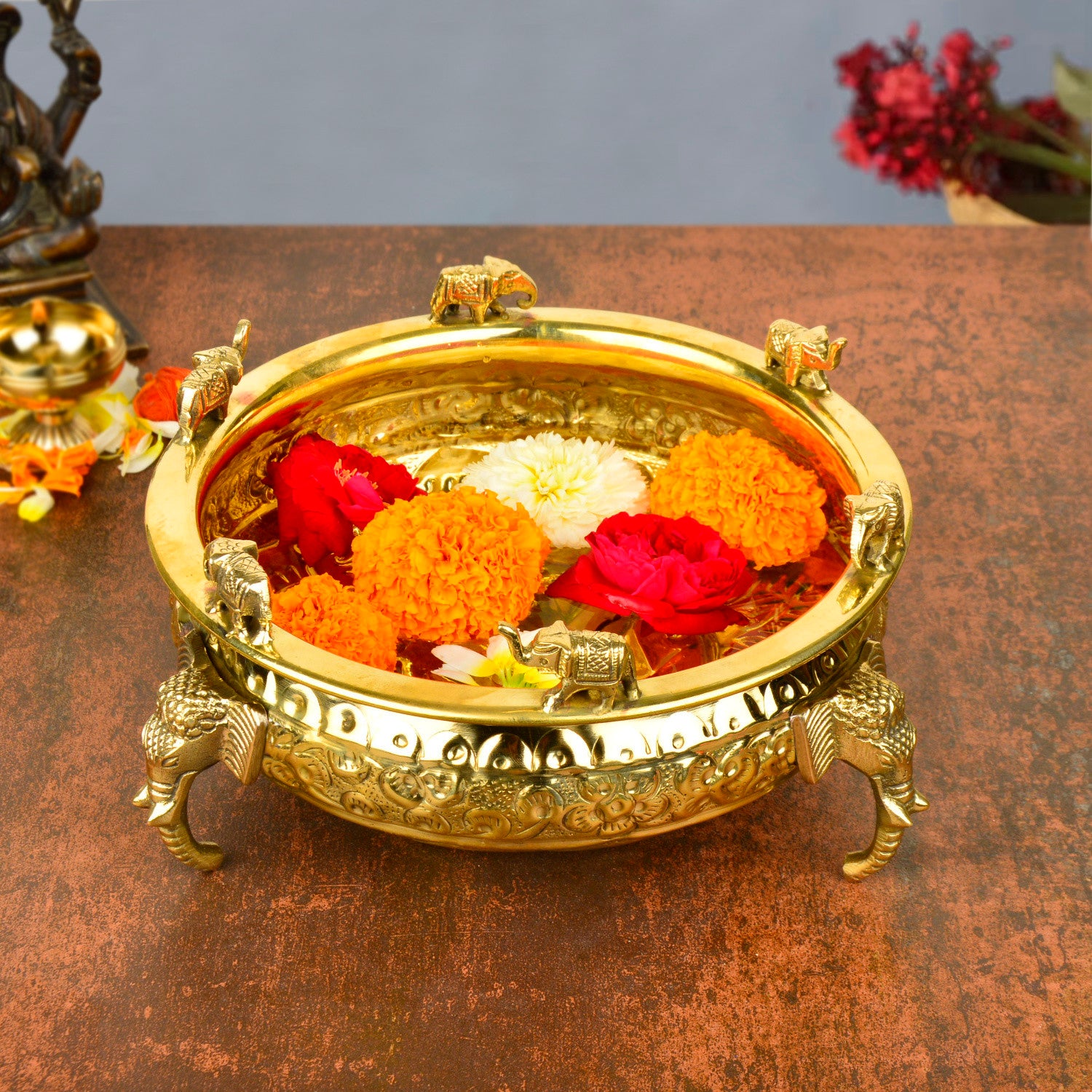 Handcrafted Elephant Design Decorative Brass Urli (Diameter – 20 cm, Weight – 750 gm)