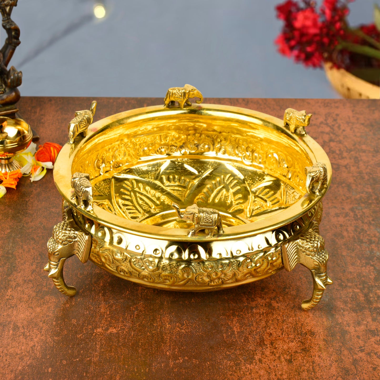 Handcrafted Elephant Design Decorative Brass Urli (Diameter – 20 cm, Weight – 750 gm) - View 3