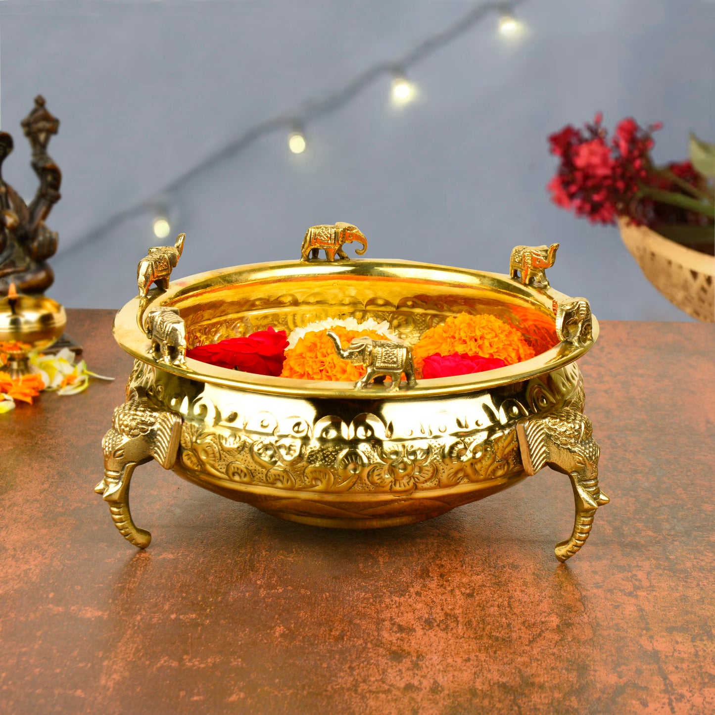 Handcrafted Elephant Design Decorative Brass Urli (Diameter – 20 cm, Weight – 750 gm) - View 4