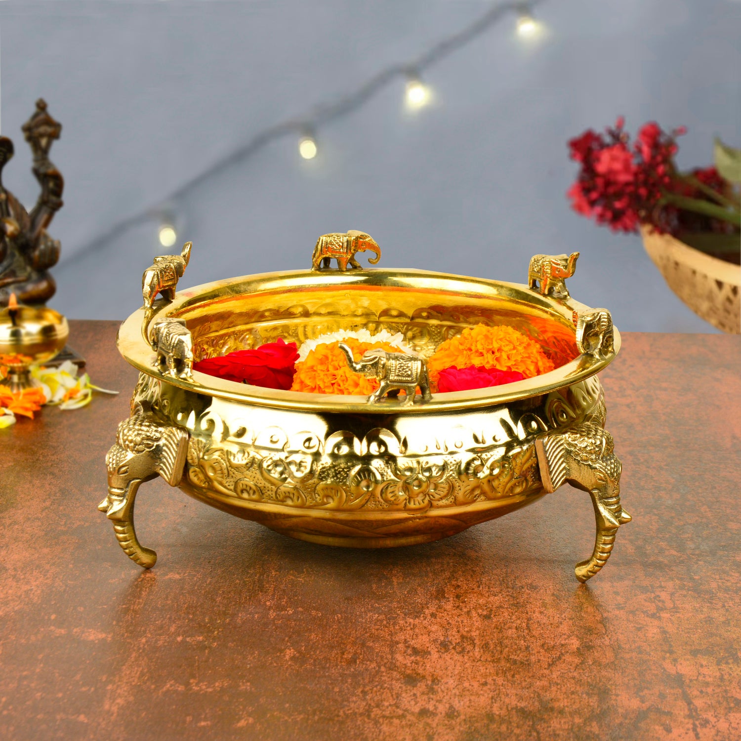 Handcrafted Elephant Design Decorative Brass Urli (Diameter – 20 cm, Weight – 750 gm) - View 4