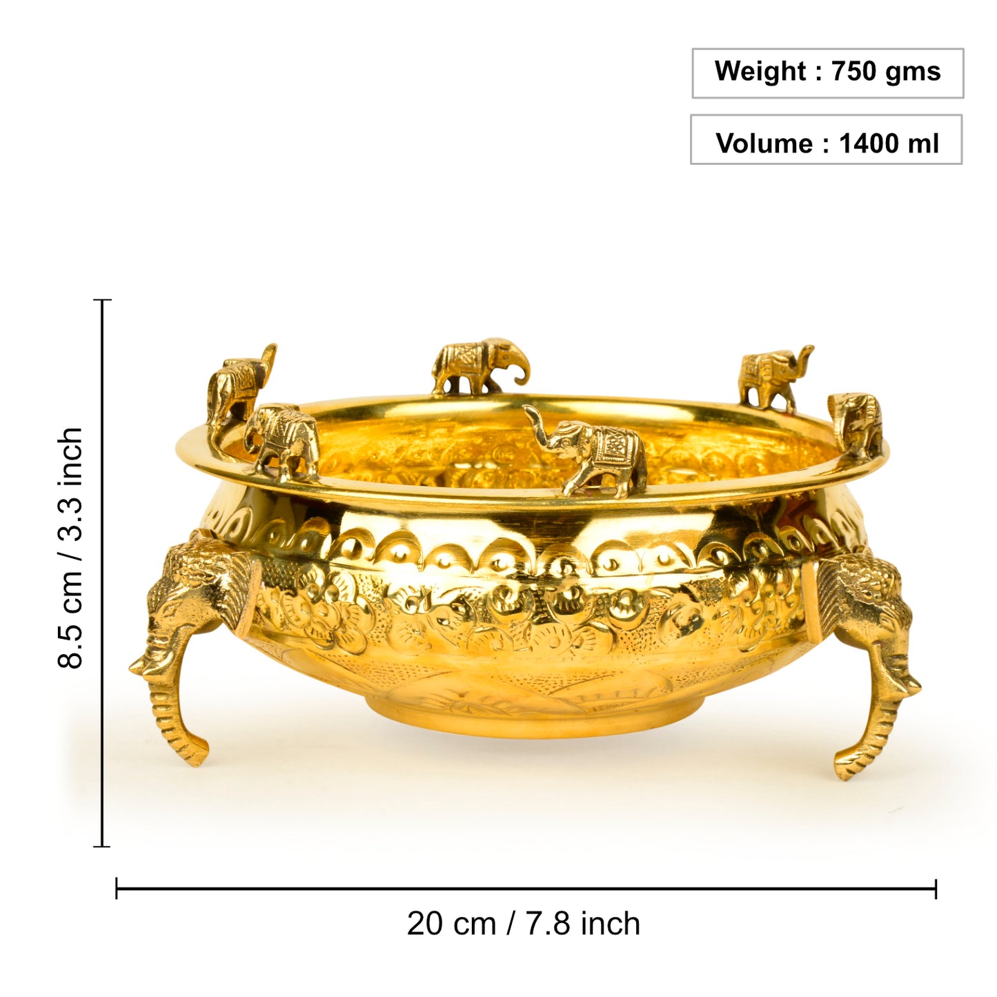 Handcrafted Elephant Design Decorative Brass Urli (Diameter – 20 cm, Weight – 750 gm) - View 2