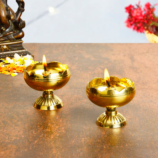 Handcrafted Brass Flower Design Pooja Diya (Set of 2, Diameter – 4.5 cm, 55 gm each)