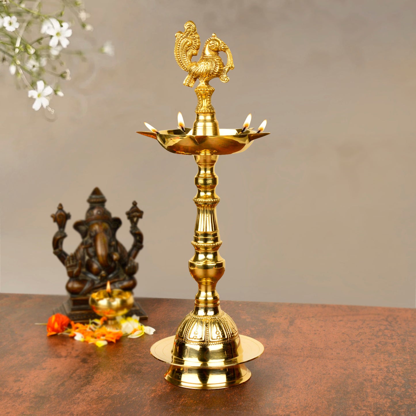 Premium Brass Peacock Standing Diya (Height – 13 inches, 650 gm)