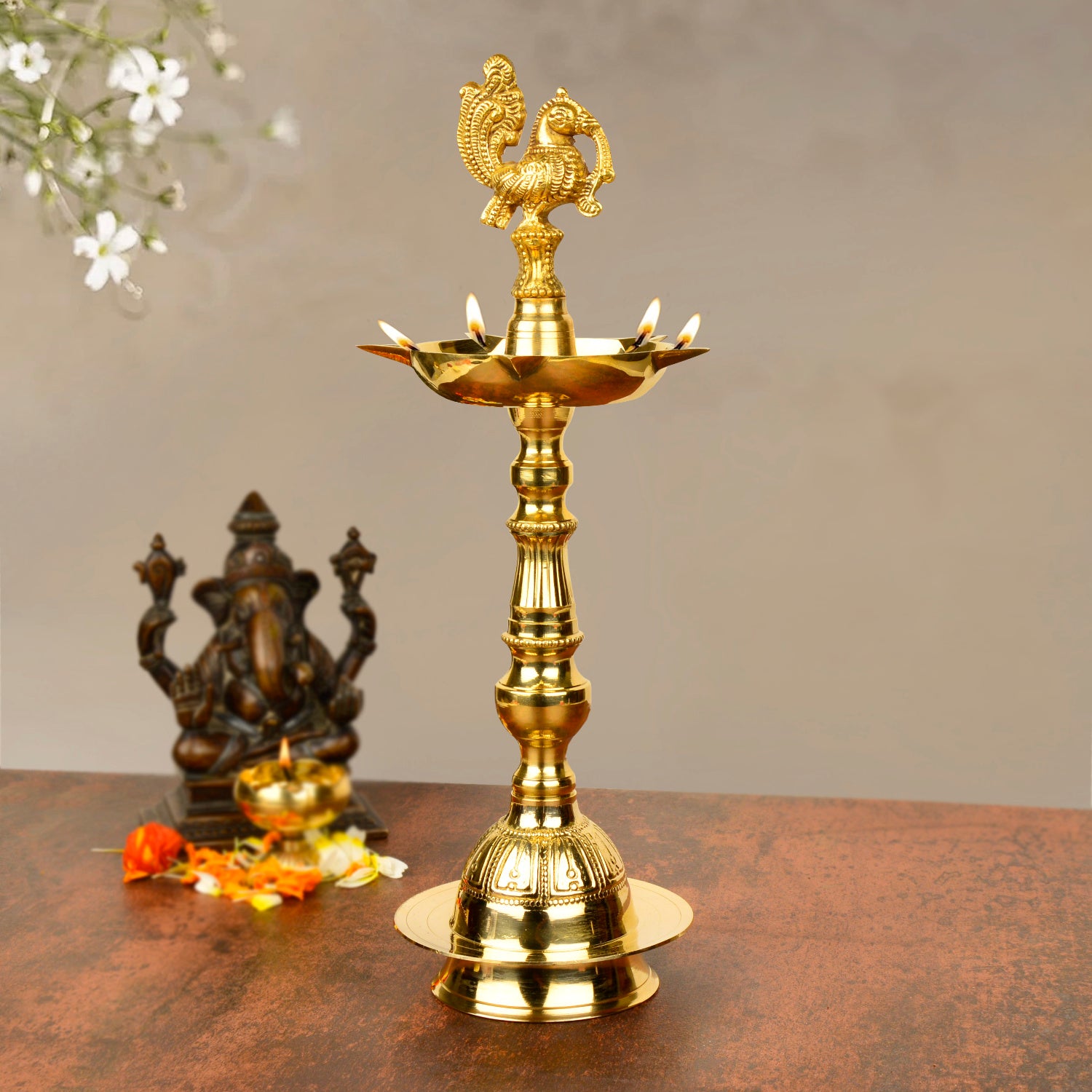 Premium Brass Peacock Standing Diya (Height – 13 inches, 650 gm)