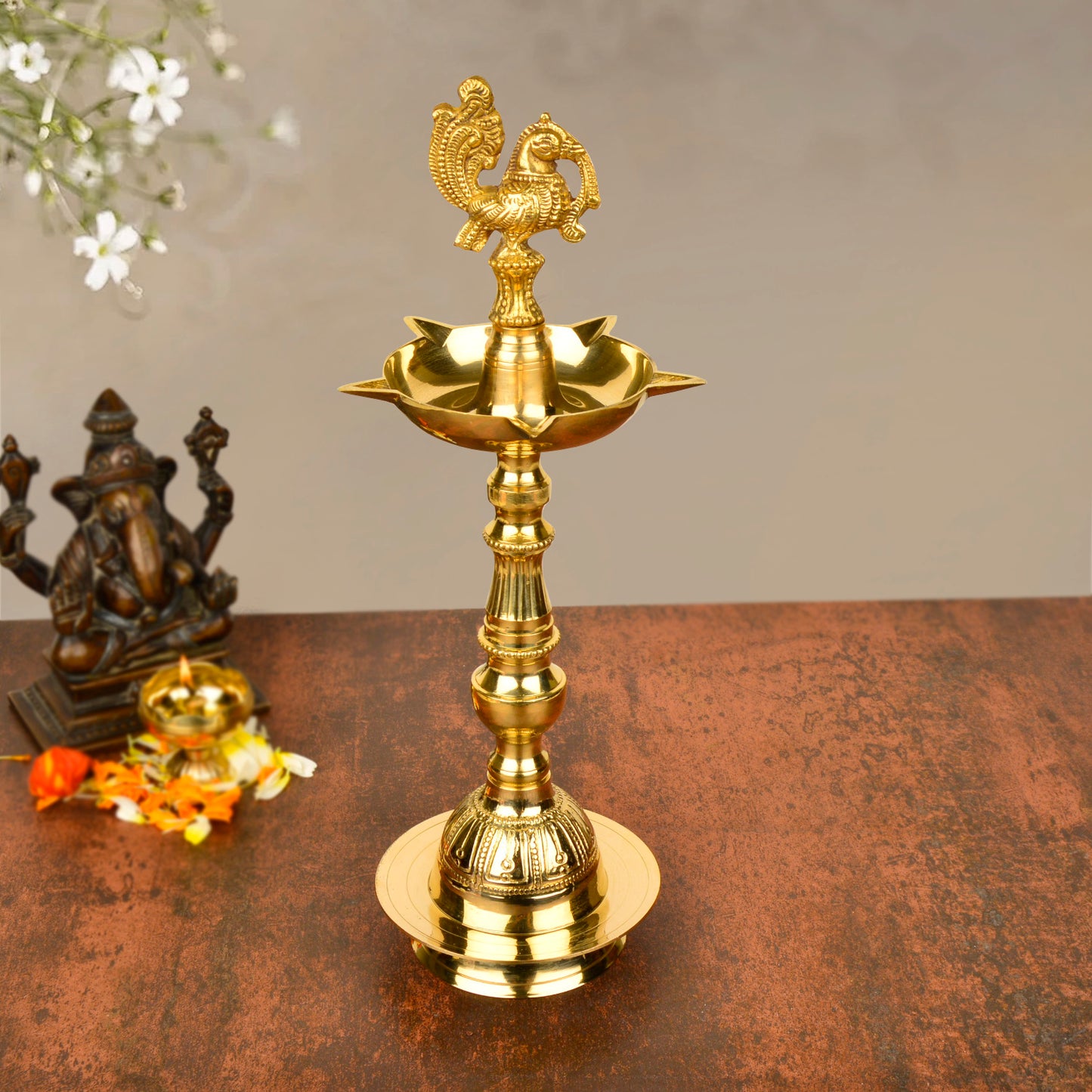 Premium Brass Peacock Standing Diya (Height – 13 inches, 650 gm) - View 4