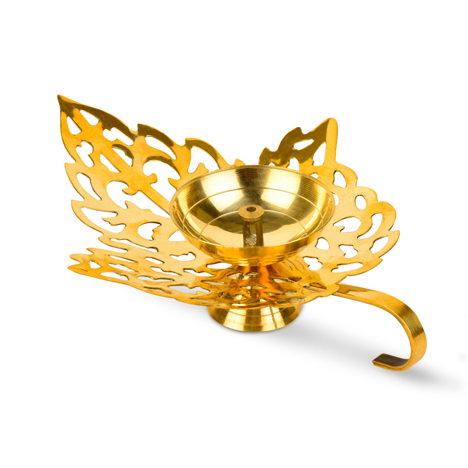 Brass Betel Leaf Shaped Cutwork Pooja Diya with Handle (L x B x H : 15 x 12 x 3 cm , Weight : 70 gm) - View 3