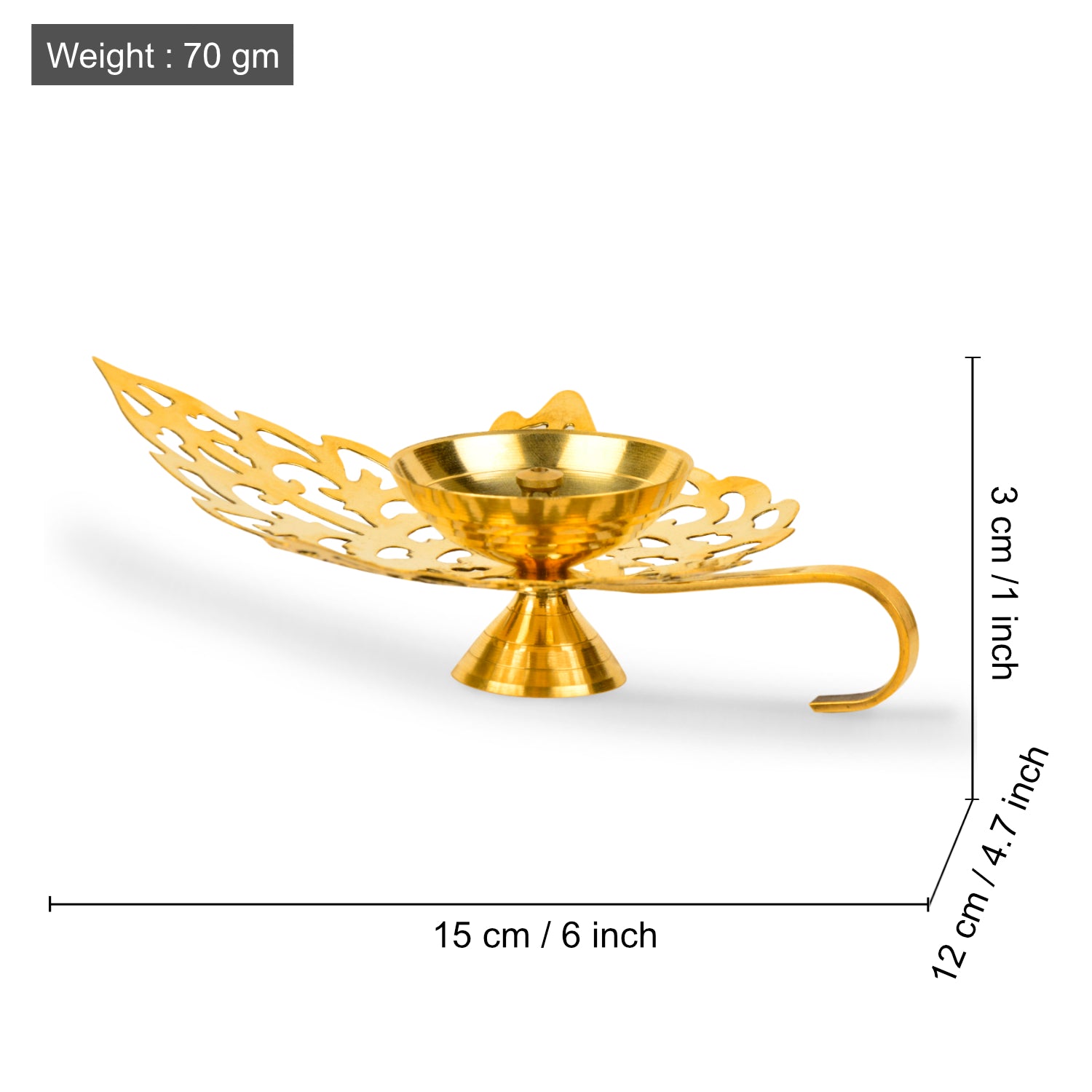 Brass Betel Leaf Shaped Cutwork Pooja Diya with Handle (L x B x H : 15 x 12 x 3 cm , Weight : 70 gm) - View 2