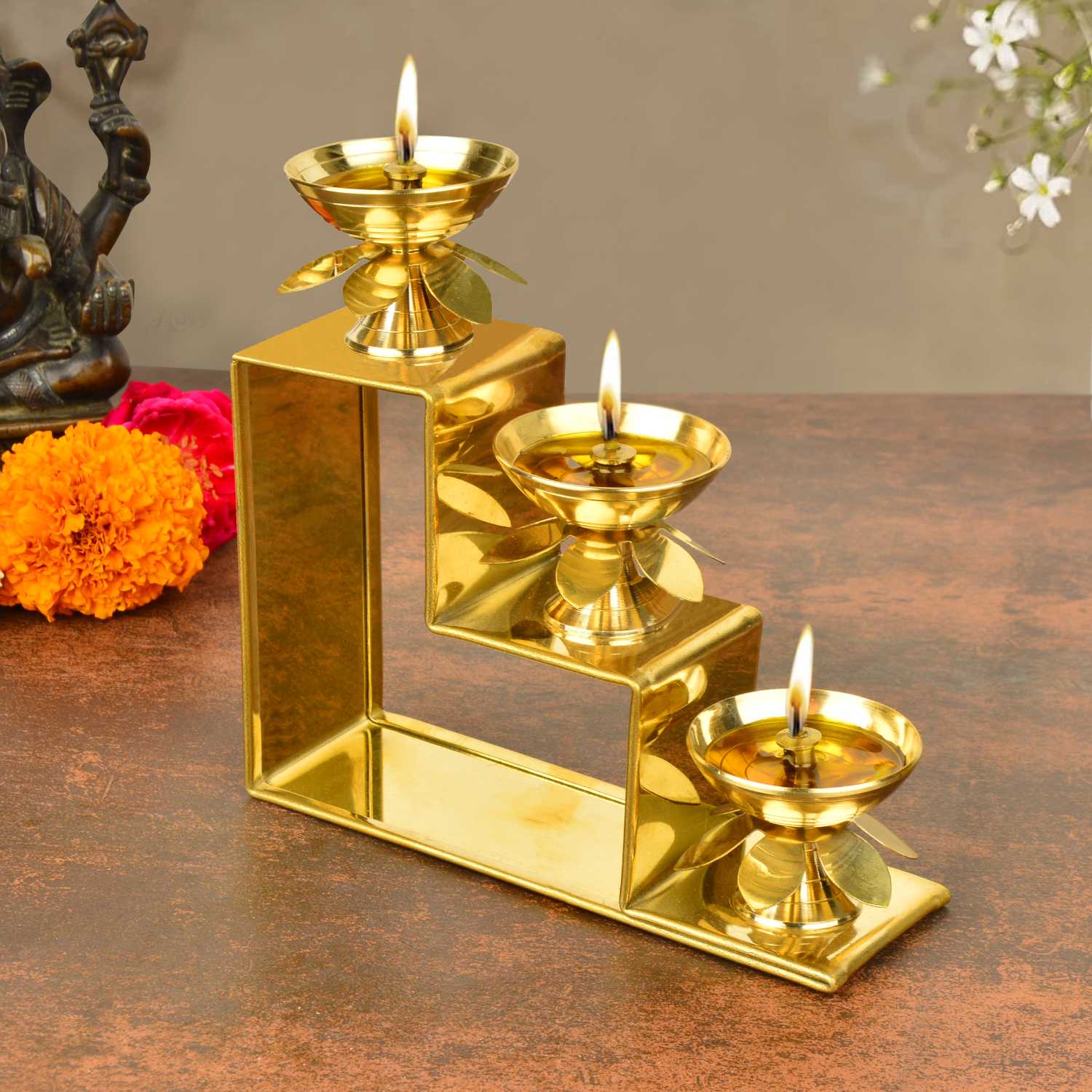 Premium Brass Decorative 3 Step Pooja Diya (L x B x H – 15 x 5 x 15 cm ; Weight – 360 gm)