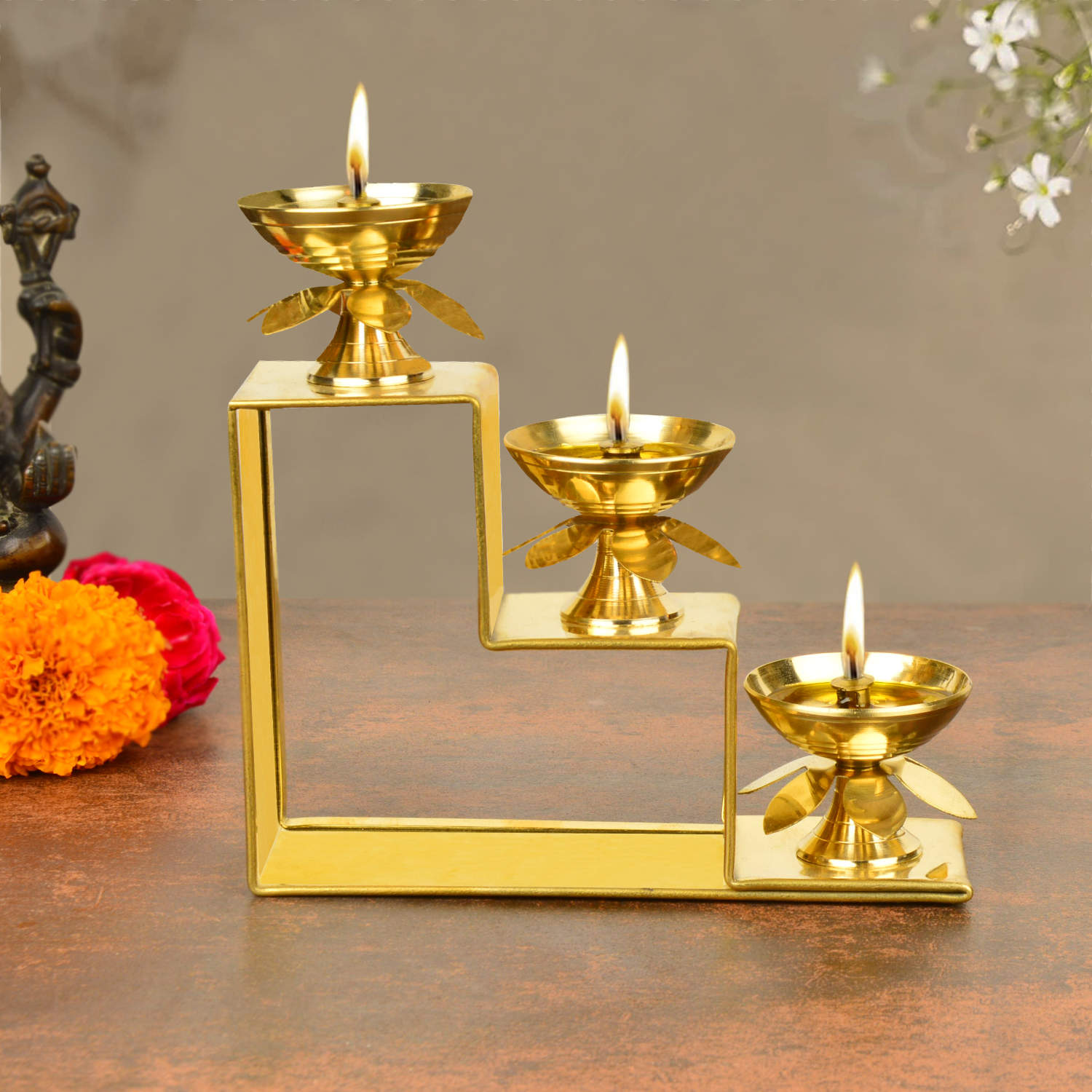 Premium Brass Decorative 3 Step Pooja Diya (L x B x H – 15 x 5 x 15 cm ; Weight – 360 gm) - View 3