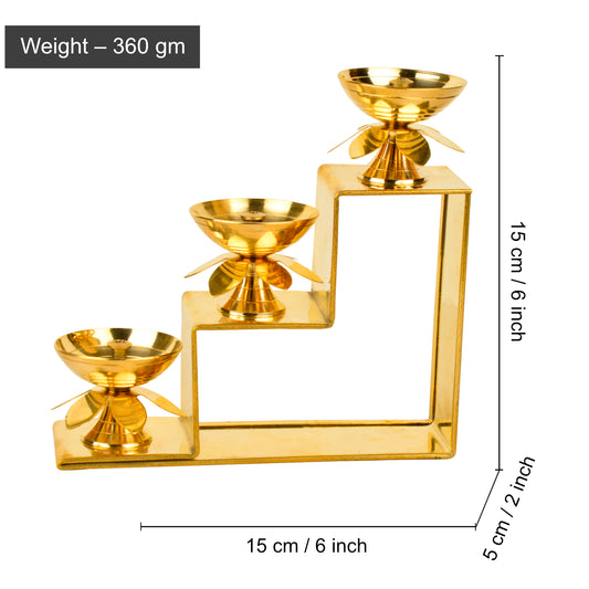 Premium Brass Decorative 3 Step Pooja Diya (L x B x H – 15 x 5 x 15 cm ; Weight – 360 gm) - View 2