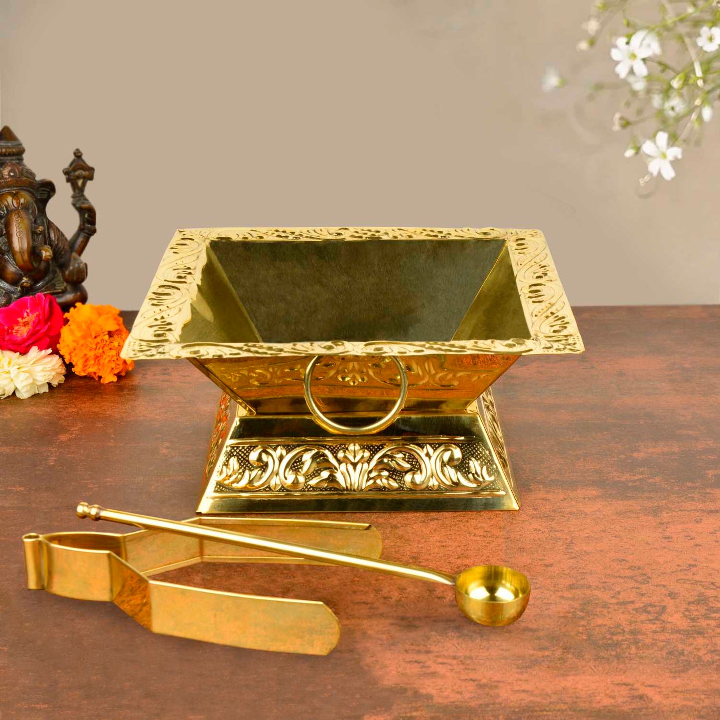 Premium Brass Hawan Kund Set (Havan Kund , Stand , Suchi Spoon , Tong / Chimta ; L x B x H – 23 x 23 x 11 cm ; 520 gm) - View 3