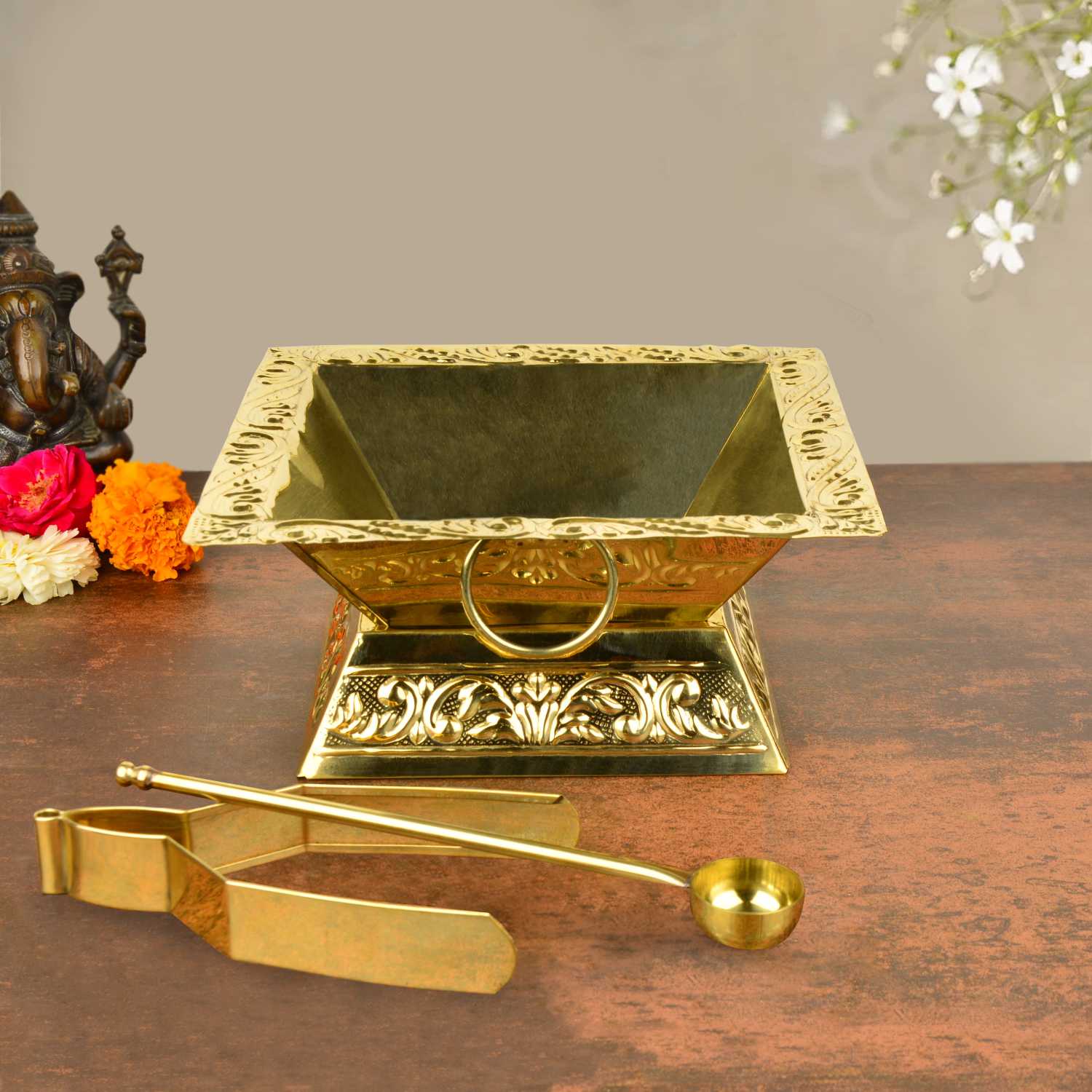 Premium Brass Hawan Kund Set (Havan Kund , Stand , Suchi Spoon , Tong / Chimta ; L x B x H – 23 x 23 x 11 cm ; 520 gm) - View 3