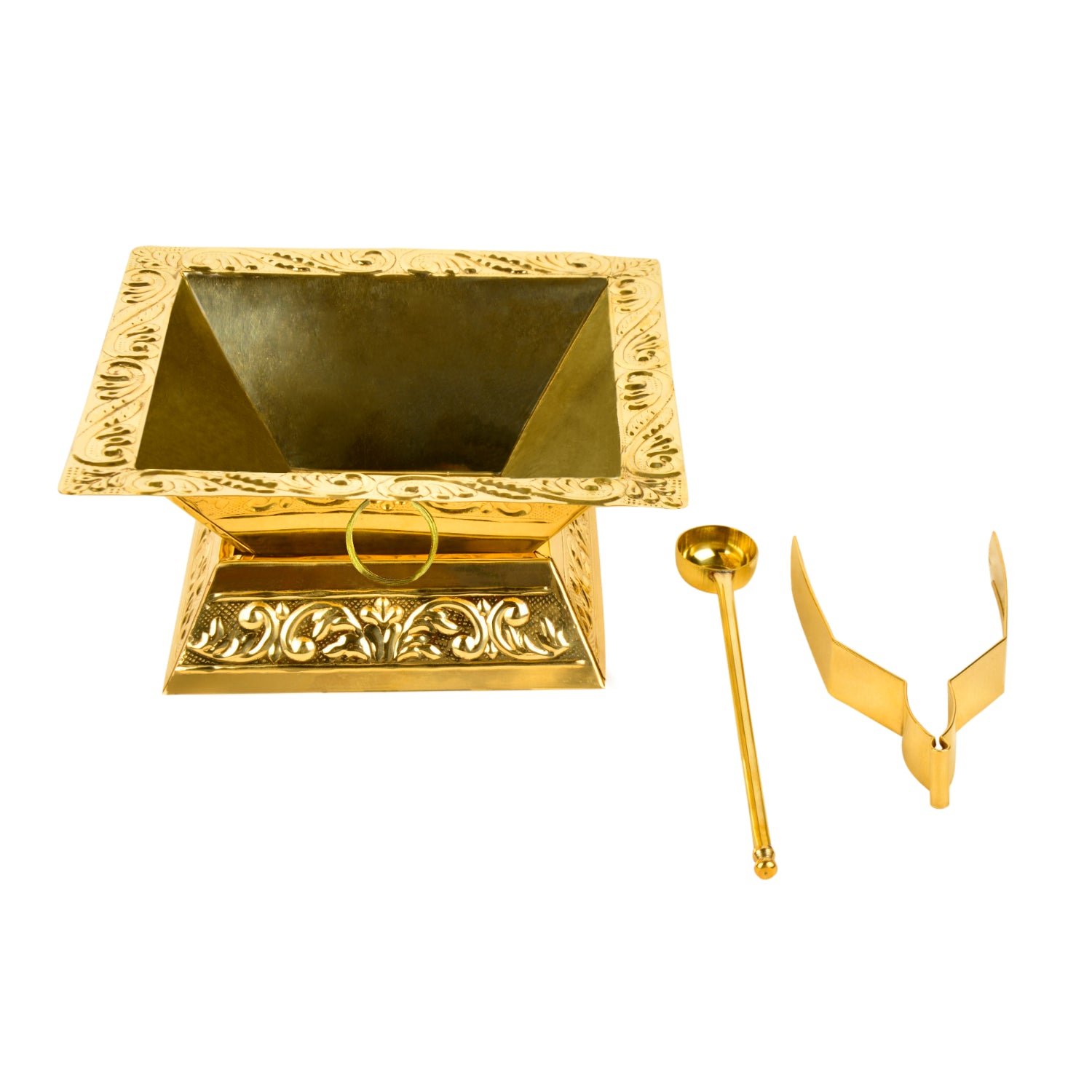 Premium Brass Hawan Kund Set (Havan Kund , Stand , Suchi Spoon , Tong / Chimta ; L x B x H – 23 x 23 x 11 cm ; 520 gm) - View 4