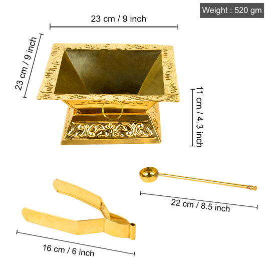 Premium Brass Hawan Kund Set (Havan Kund , Stand , Suchi Spoon , Tong / Chimta ; L x B x H – 23 x 23 x 11 cm ; 520 gm) - View 2
