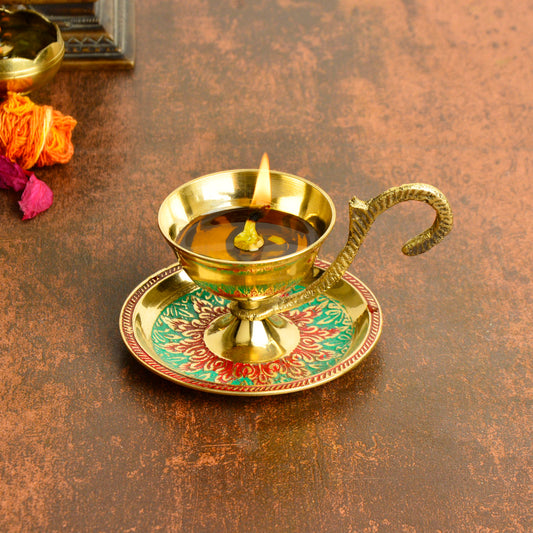 Brass Decorative Pooja Diya with Handle and Plate with Meenakari Art (L x B x H – 9 x 5 x 5 cm ; Weight – 100 gm)