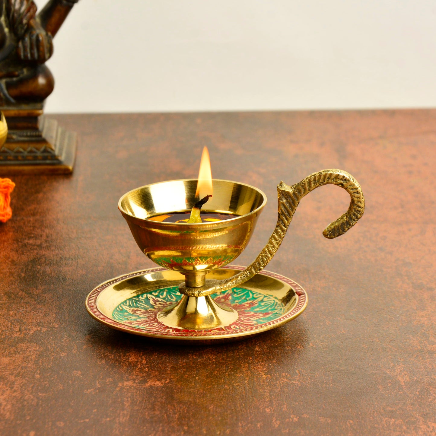 Brass Decorative Pooja Diya with Handle and Plate with Meenakari Art (L x B x H – 9 x 5 x 5 cm ; Weight – 100 gm) - View 3