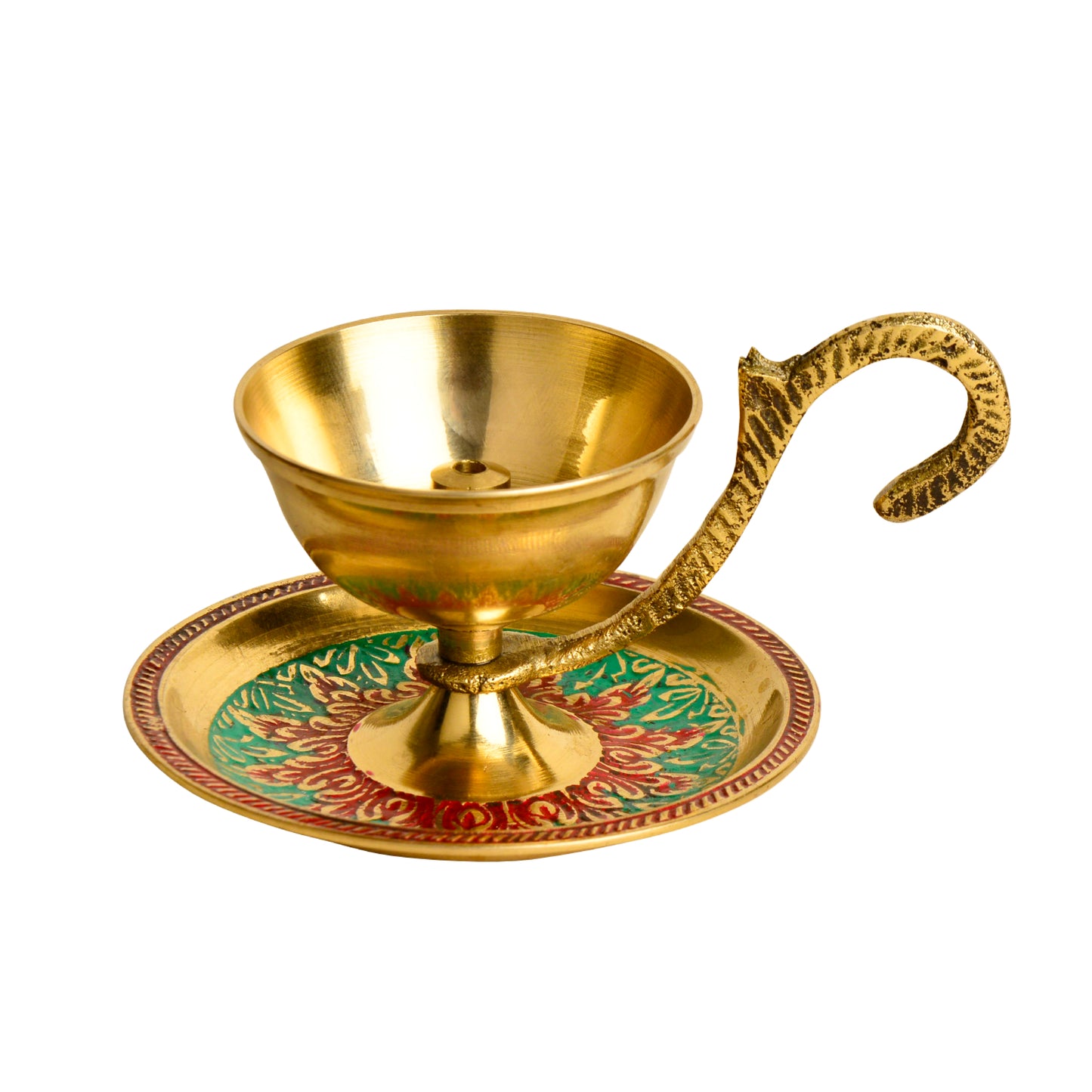Brass Decorative Pooja Diya with Handle and Plate with Meenakari Art (L x B x H – 9 x 5 x 5 cm ; Weight – 100 gm) - View 4