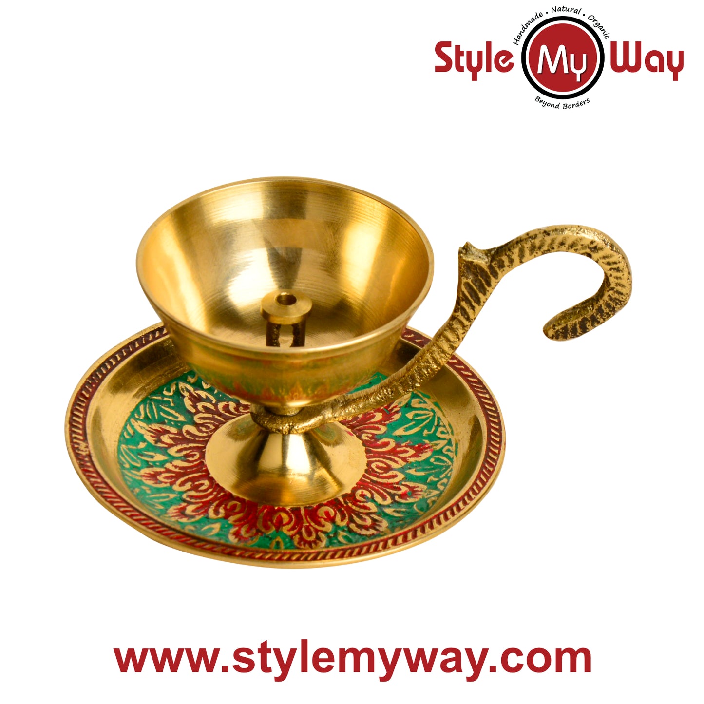Brass Decorative Pooja Diya with Handle and Plate with Meenakari Art (L x B x H – 9 x 5 x 5 cm ; Weight – 100 gm) - View 5