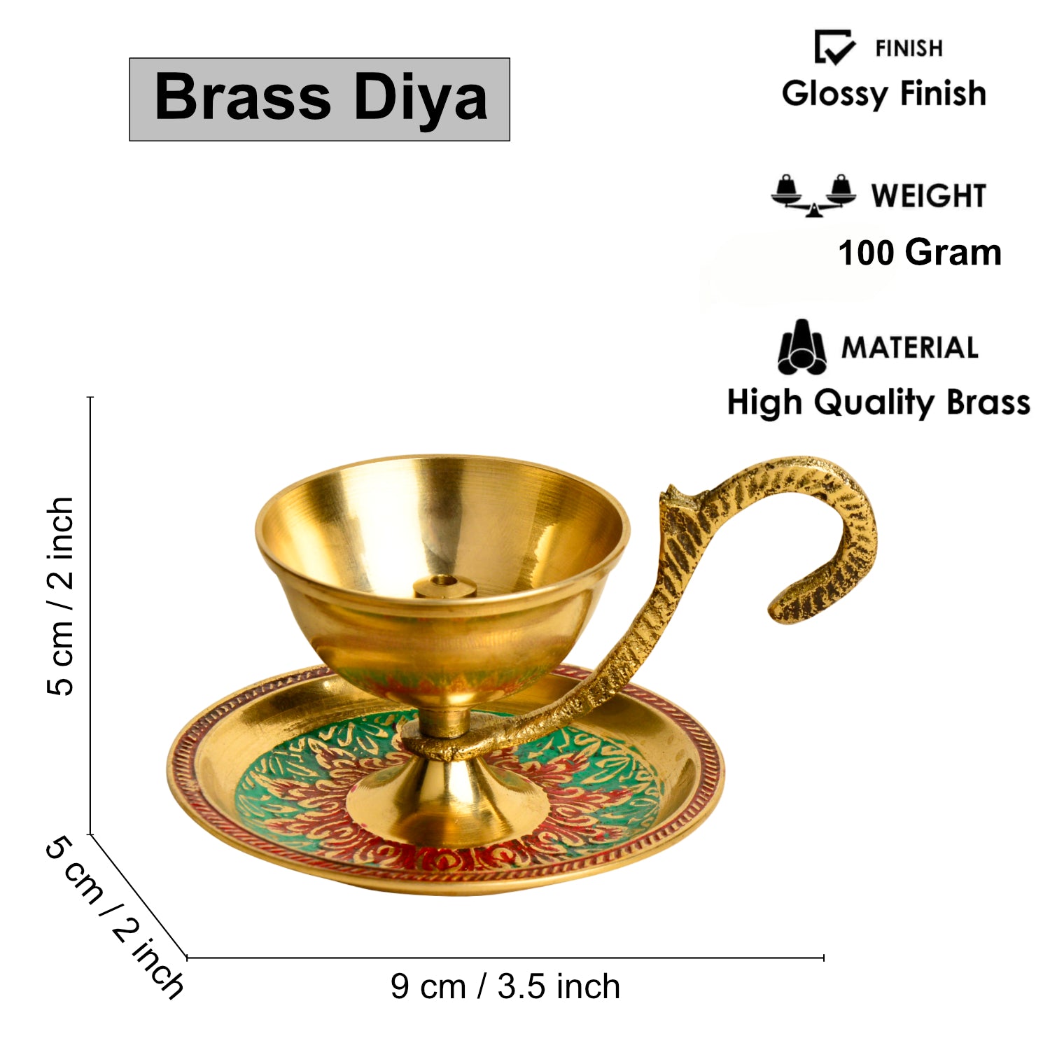 Brass Decorative Pooja Diya with Handle and Plate with Meenakari Art (L x B x H – 9 x 5 x 5 cm ; Weight – 100 gm) - View 2