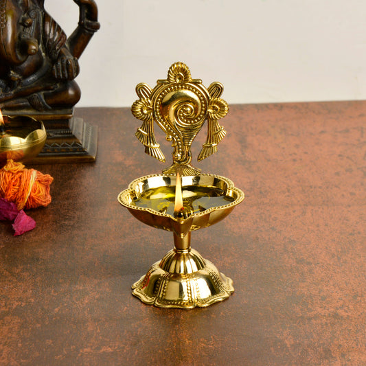 Brass Shankh Chakra Aarti Diya ( L x B x H – 6.5 x 5.5 x 11 cm, 110 gm)