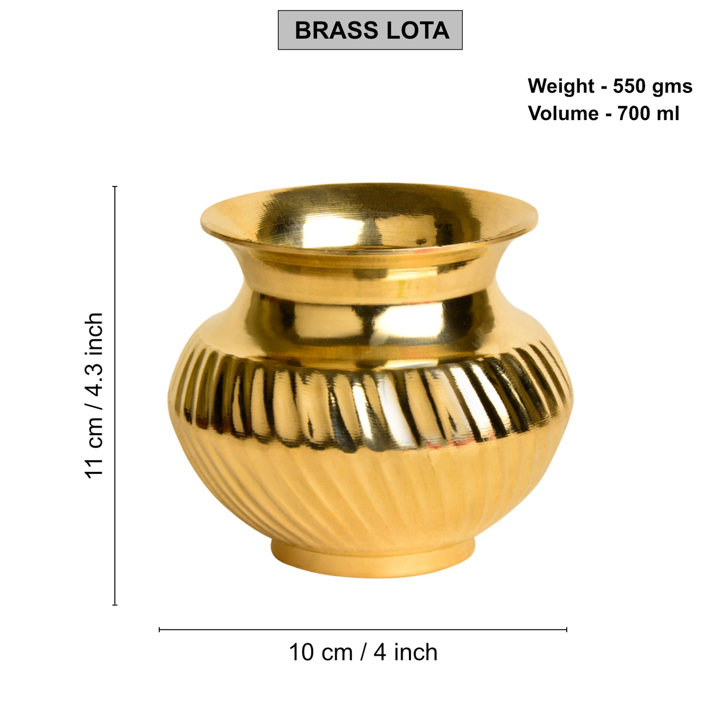 Pure Brass Lota with Grooves for Puja (Diameter – 10 cm, Height – 11 cm, Weight – 550 gm) - View 2