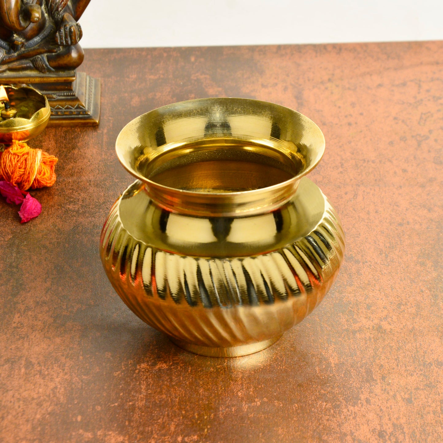 Pure Brass Lota with Grooves for Puja (Diameter – 10 cm, Height – 11 cm, Weight – 550 gm) - View 4