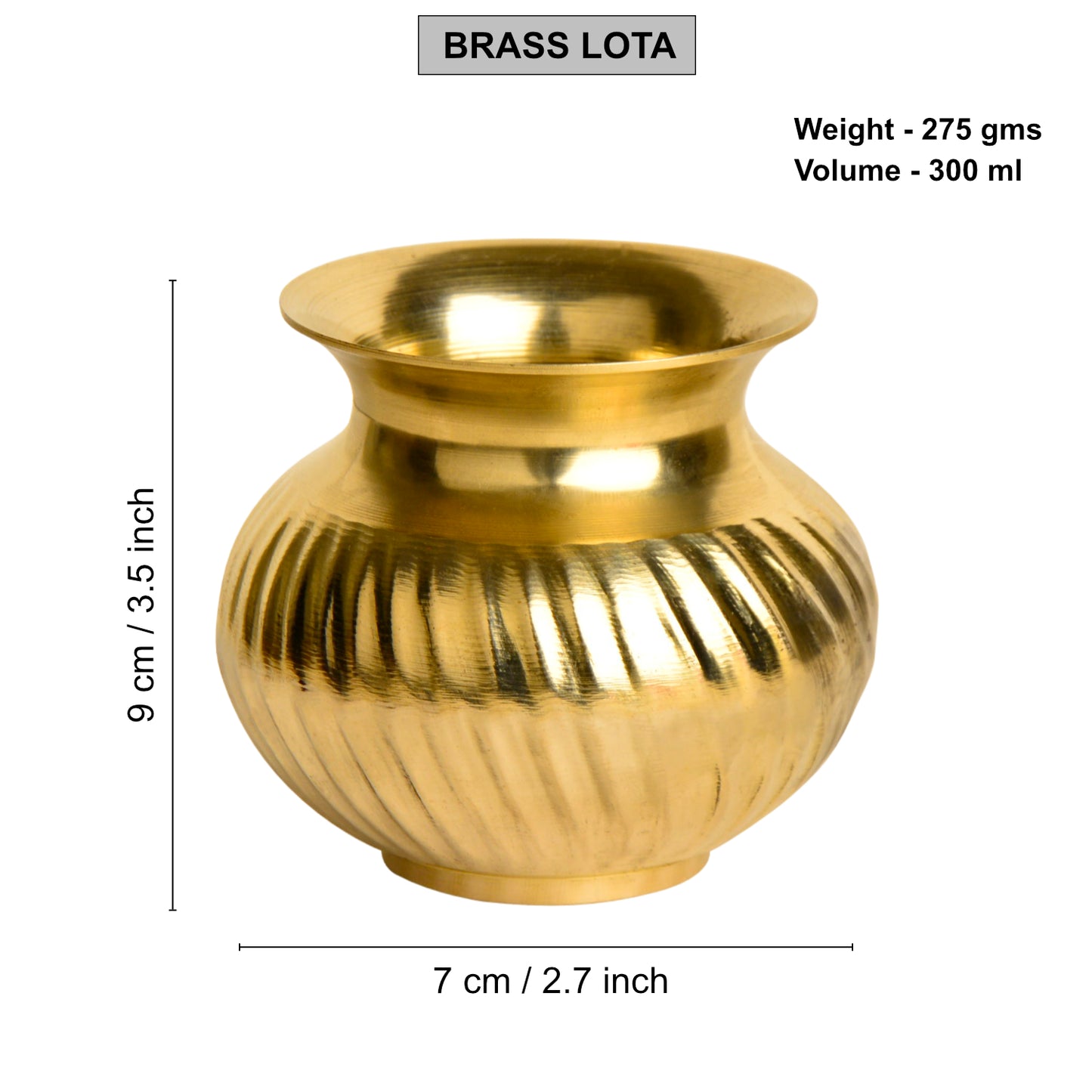Pure Brass Lota with Grooves Design for Puja (Diameter – 7 cm, Height – 9 cm, Weight – 275 gm) - View 2