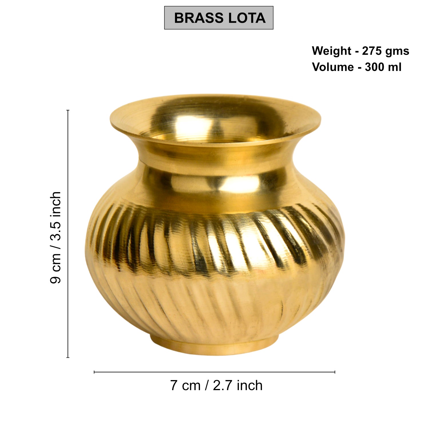 Pure Brass Lota with Grooves Design for Puja (Diameter – 7 cm, Height – 9 cm, Weight – 275 gm) - View 2