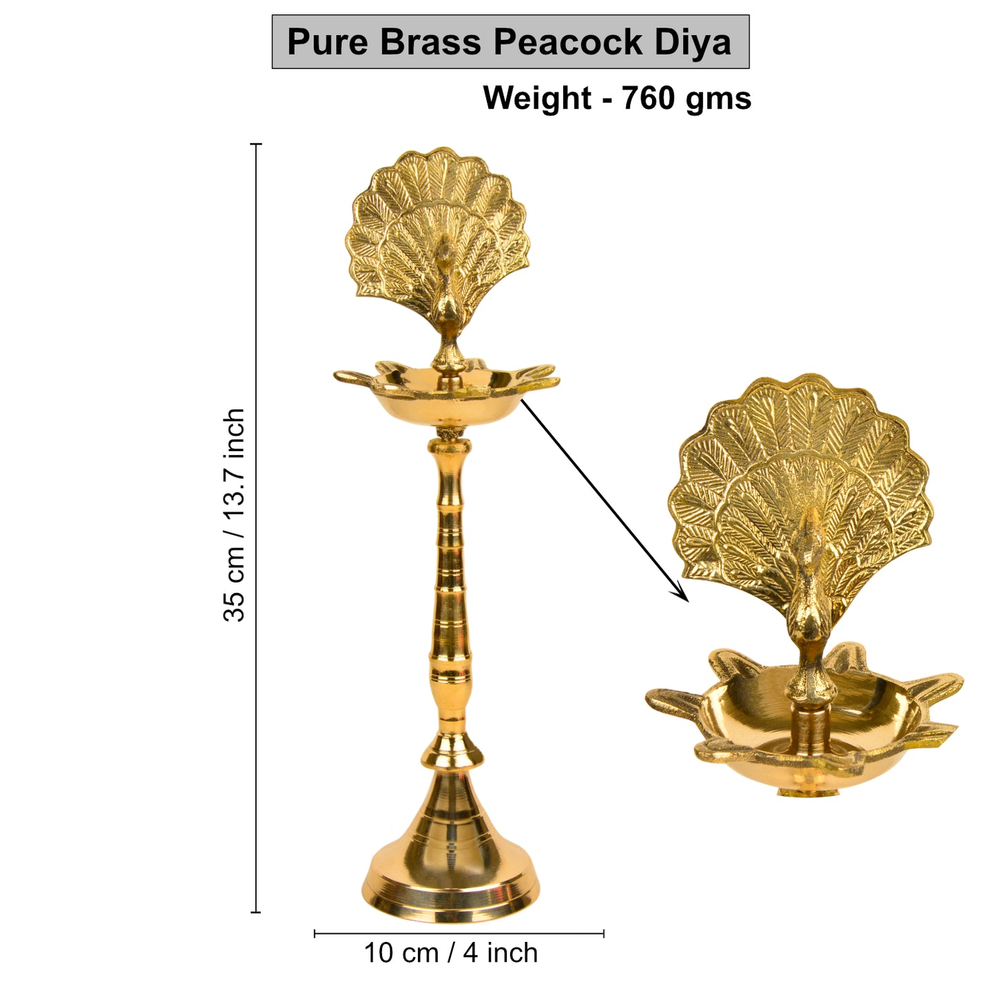 Premium Brass Dancing Peacock Standing Diya (Height – 14 Inches, 760 gm) - View 6