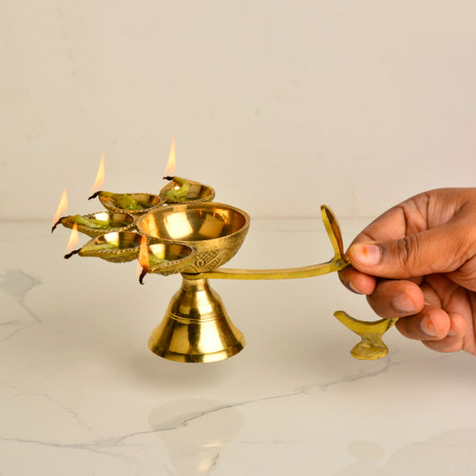 Pure Brass Premium Panch Aarti Diya with Handle (L x B x H - 22 x 15 x 8 cm, 440 gm) - View 2