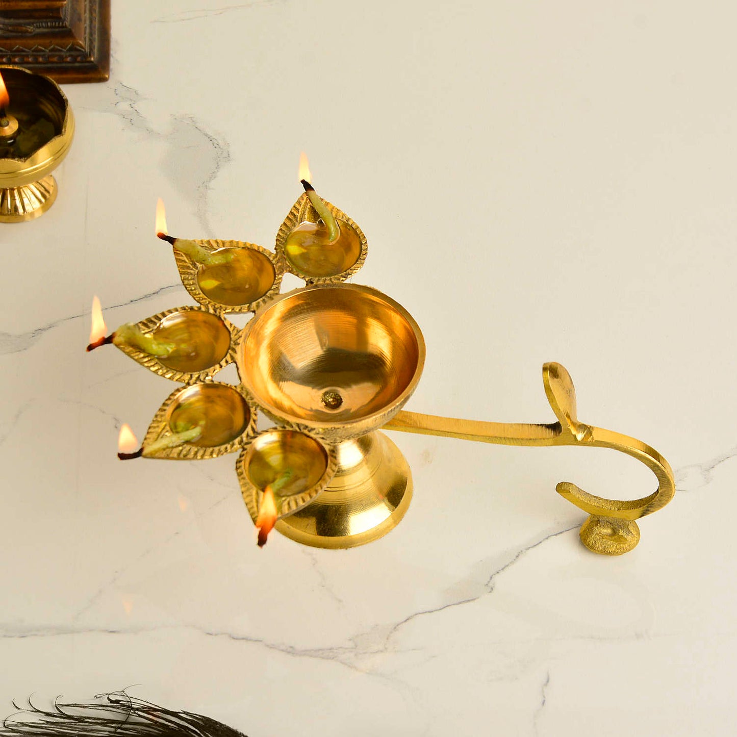 Pure Brass Premium Panch Aarti Diya with Handle (L x B x H - 22 x 15 x 8 cm, 440 gm) - View 3