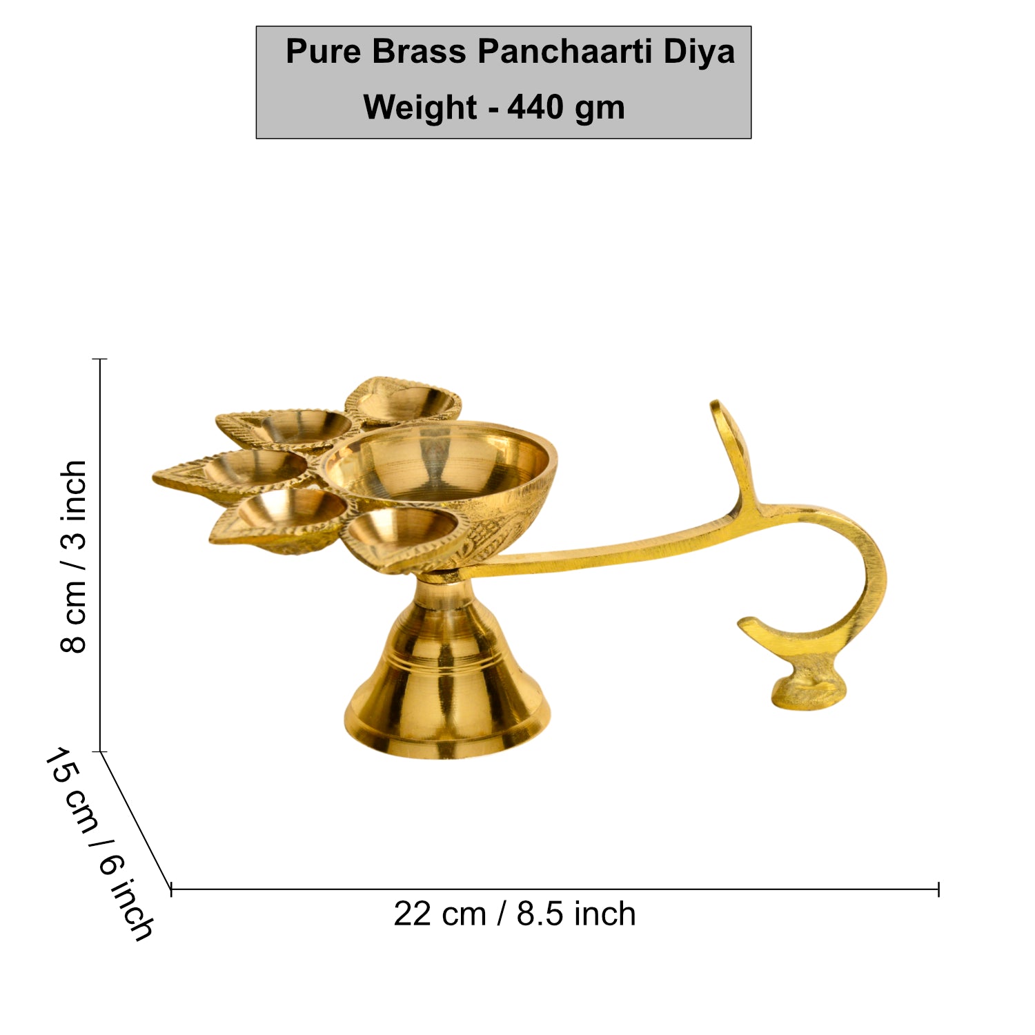 Pure Brass Premium Panch Aarti Diya with Handle (L x B x H - 22 x 15 x 8 cm, 440 gm) - View 4