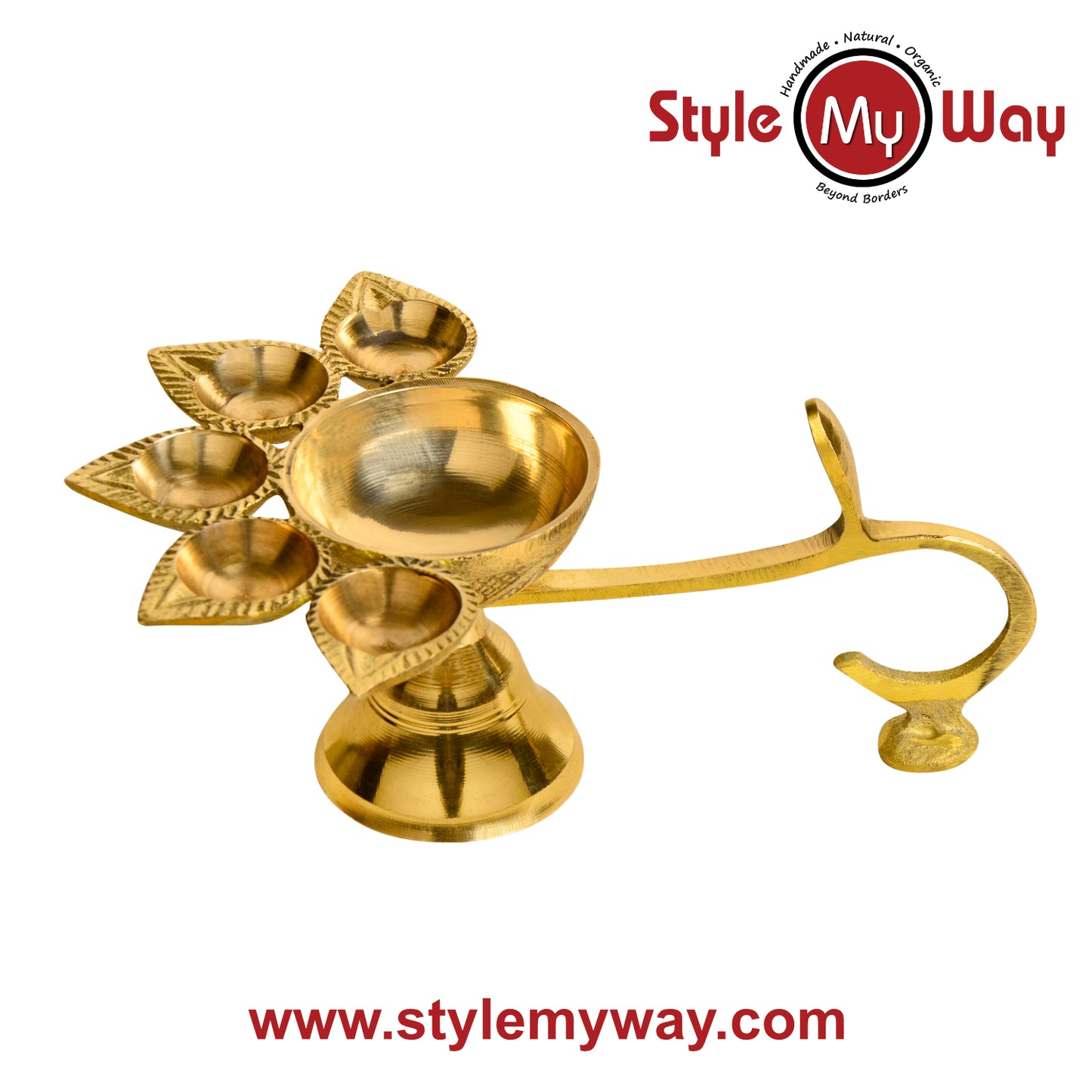 Pure Brass Premium Panch Aarti Diya with Handle (L x B x H - 22 x 15 x 8 cm, 440 gm) - View 5