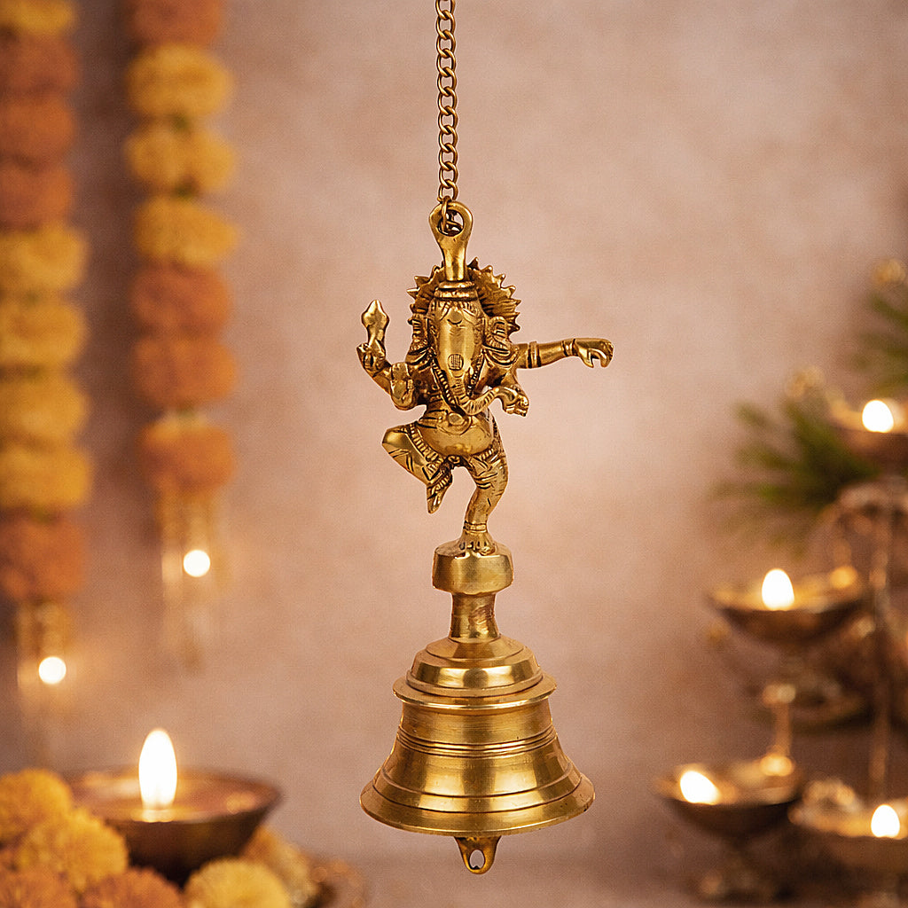 StyleMyway Pure Brass Antique Hanging Temple Bell with Ganesha (3.6 x 3.6 x 9.6 inches, 1.2 kg, Chain-15 inches)