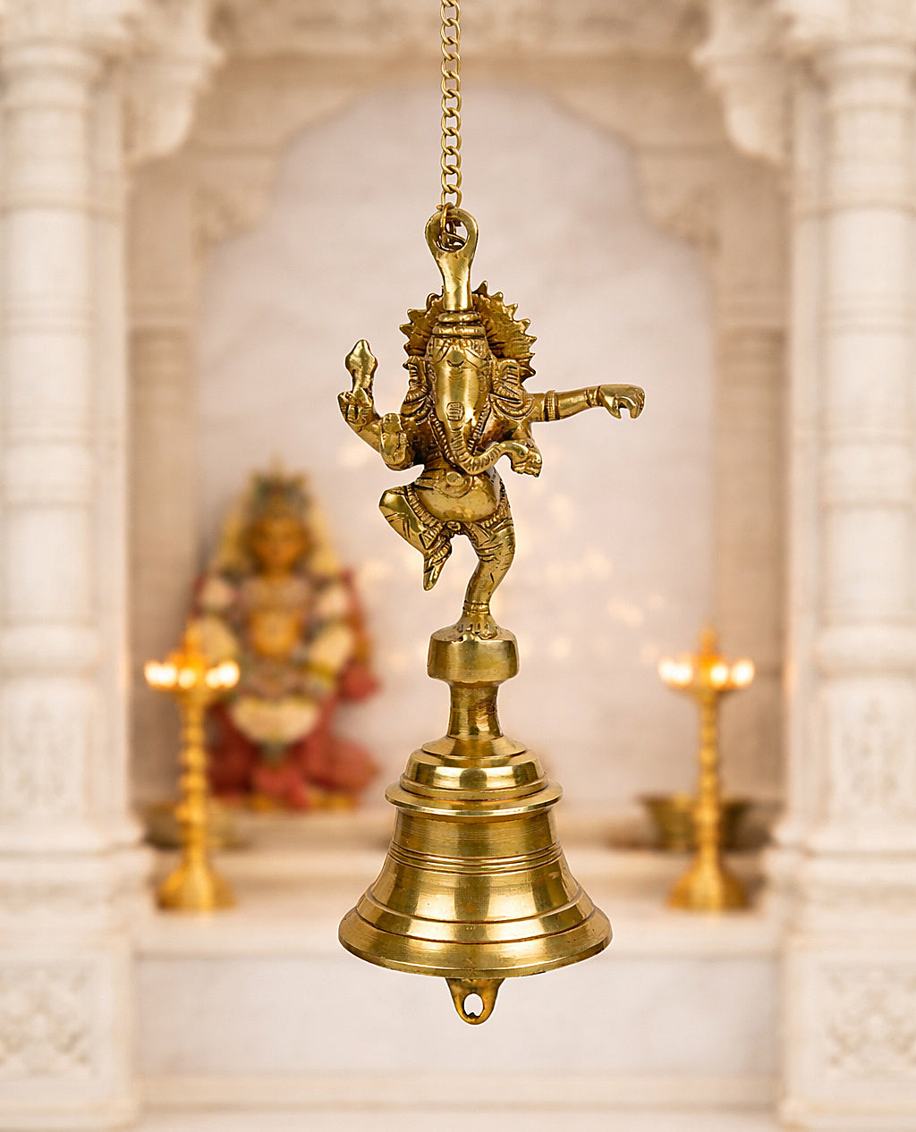 StyleMyway Pure Brass Antique Hanging Temple Bell with Ganesha (3.6 x 3.6 x 9.6 inches, 1.2 kg, Chain-15 inches) - View 3