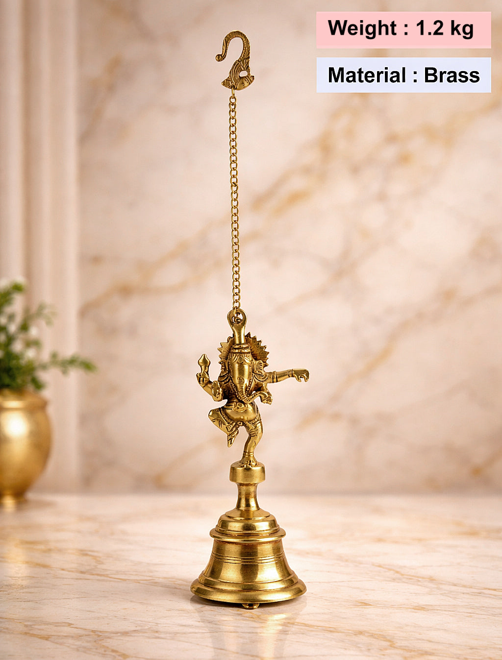 StyleMyway Pure Brass Antique Hanging Temple Bell with Ganesha (3.6 x 3.6 x 9.6 inches, 1.2 kg, Chain-15 inches) - View 4