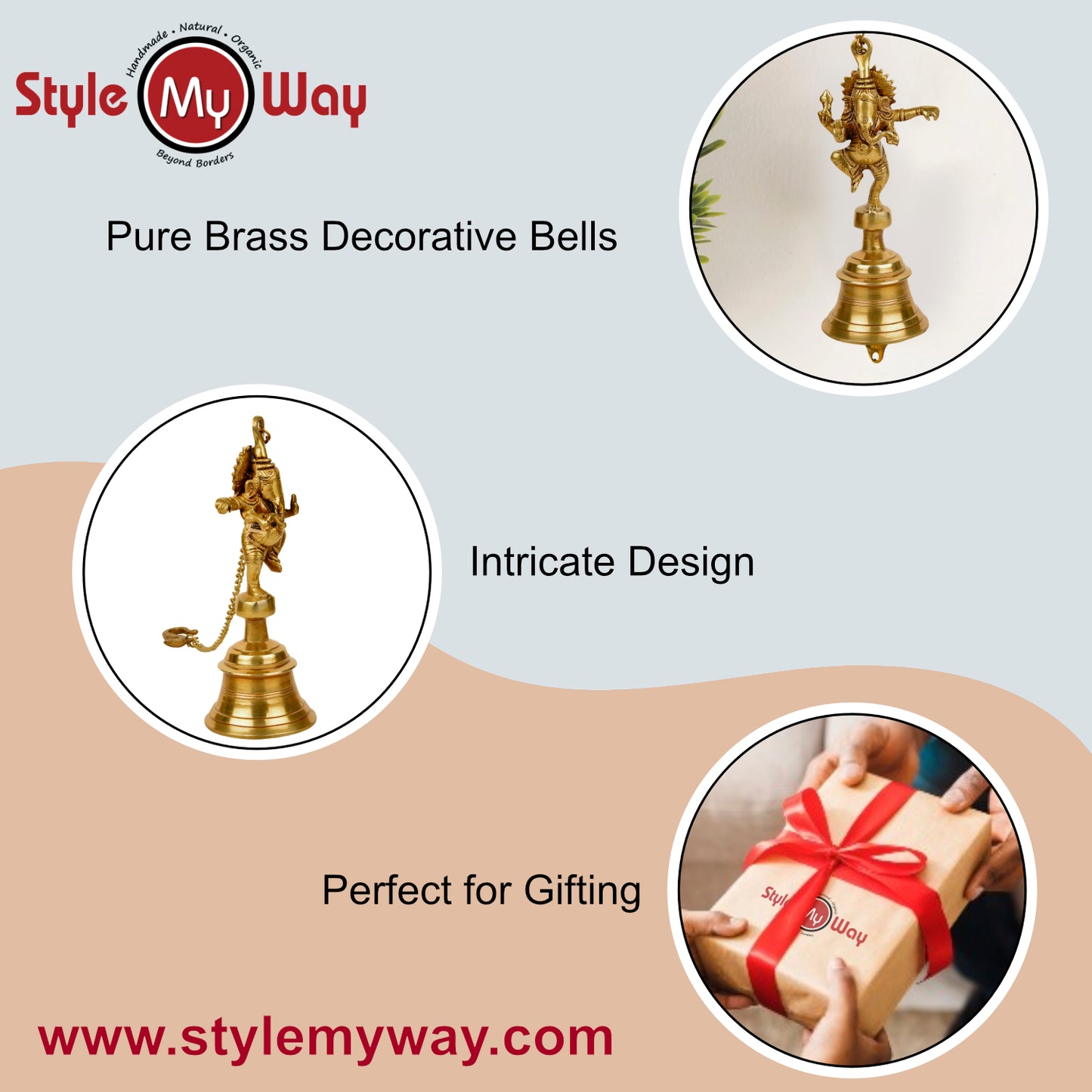 StyleMyway Pure Brass Antique Hanging Temple Bell with Ganesha (3.6 x 3.6 x 9.6 inches, 1.2 kg, Chain-15 inches) - View 6