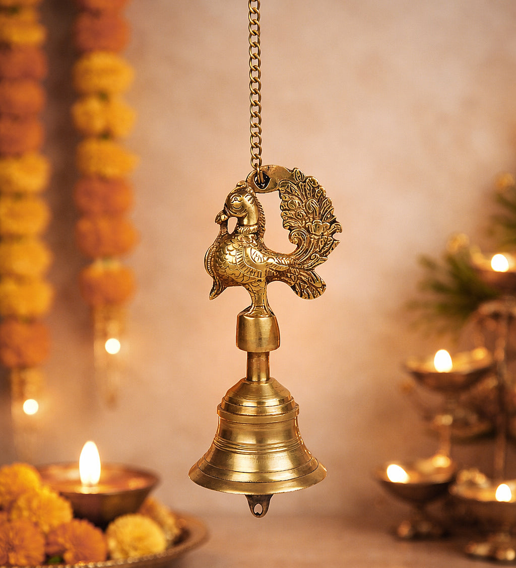 StyleMyway Pure Brass Antique Hanging Temple Bell with Peacock (3.6 x 3.6 x 8 inches, 1.1 kg, Chain-15 inches)
