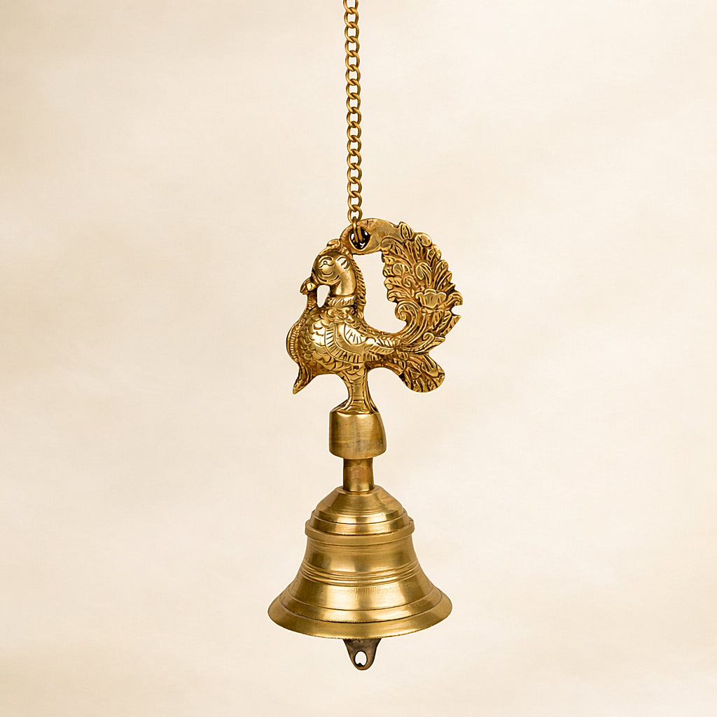 StyleMyway Pure Brass Antique Hanging Temple Bell with Peacock (3.6 x 3.6 x 8 inches, 1.1 kg, Chain-15 inches) - View 3