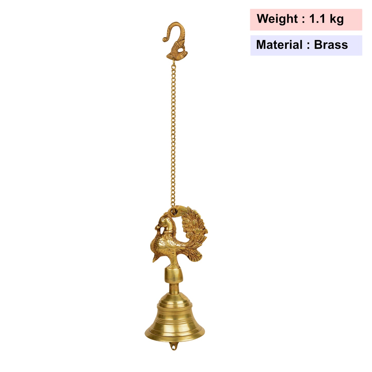 StyleMyway Pure Brass Antique Hanging Temple Bell with Peacock (3.6 x 3.6 x 8 inches, 1.1 kg, Chain-15 inches) - View 4