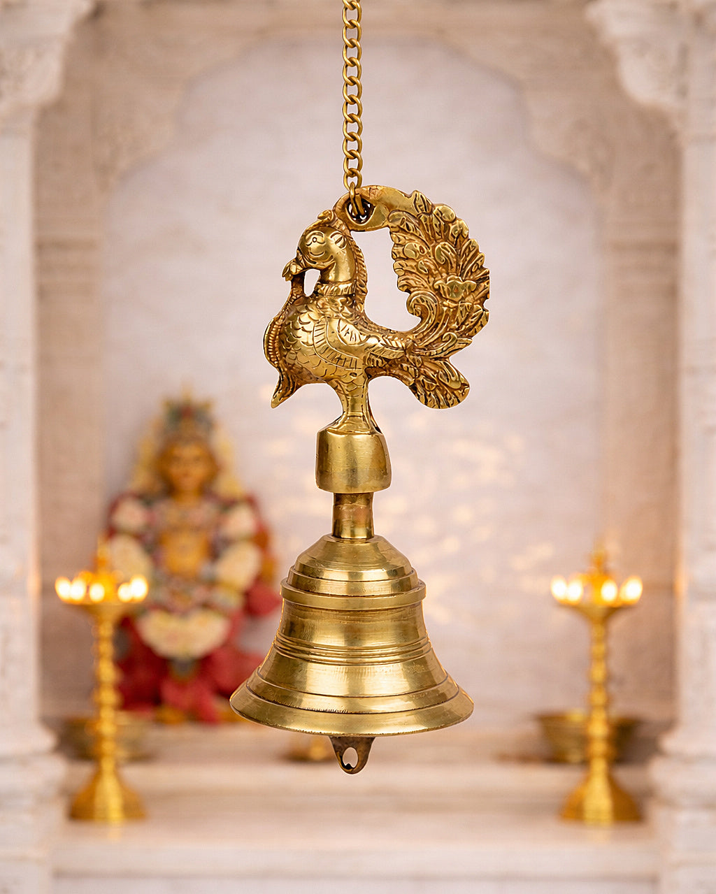 StyleMyway Pure Brass Antique Hanging Temple Bell with Peacock (3.6 x 3.6 x 8 inches, 1.1 kg, Chain-15 inches) - View 5