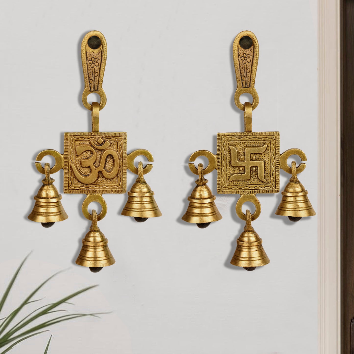 Pure Brass Om Swastik Hanging Bells Set for Door Entrance (Set of 2 , 8 x 2 x 15 cm , 440 gm)