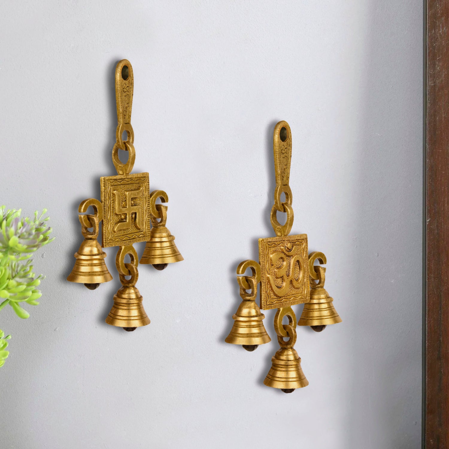 Pure Brass Om Swastik Hanging Bells Set for Door Entrance (Set of 2 , 8 x 2 x 15 cm , 440 gm) - View 3