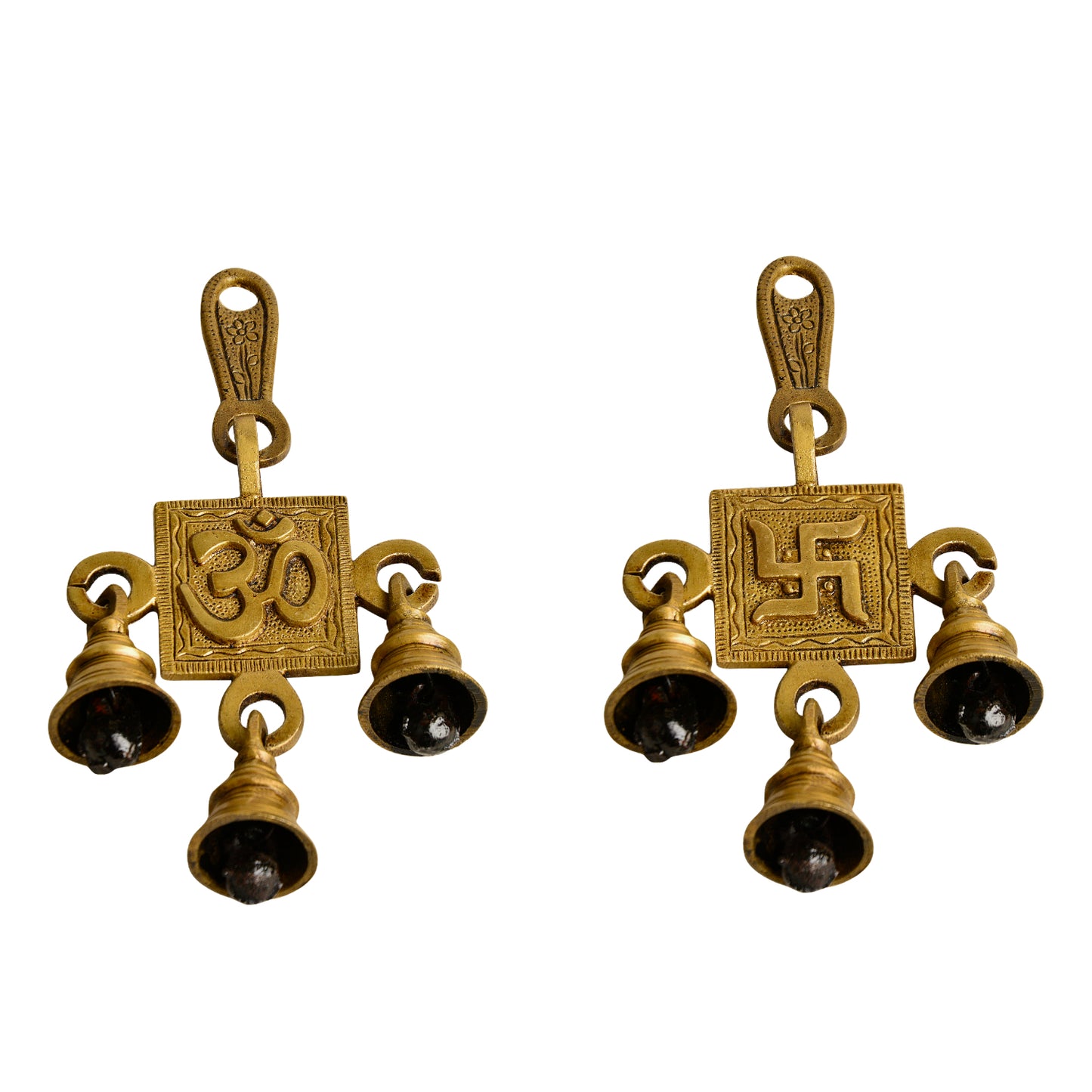 Pure Brass Om Swastik Hanging Bells Set for Door Entrance (Set of 2 , 8 x 2 x 15 cm , 440 gm) - View 4